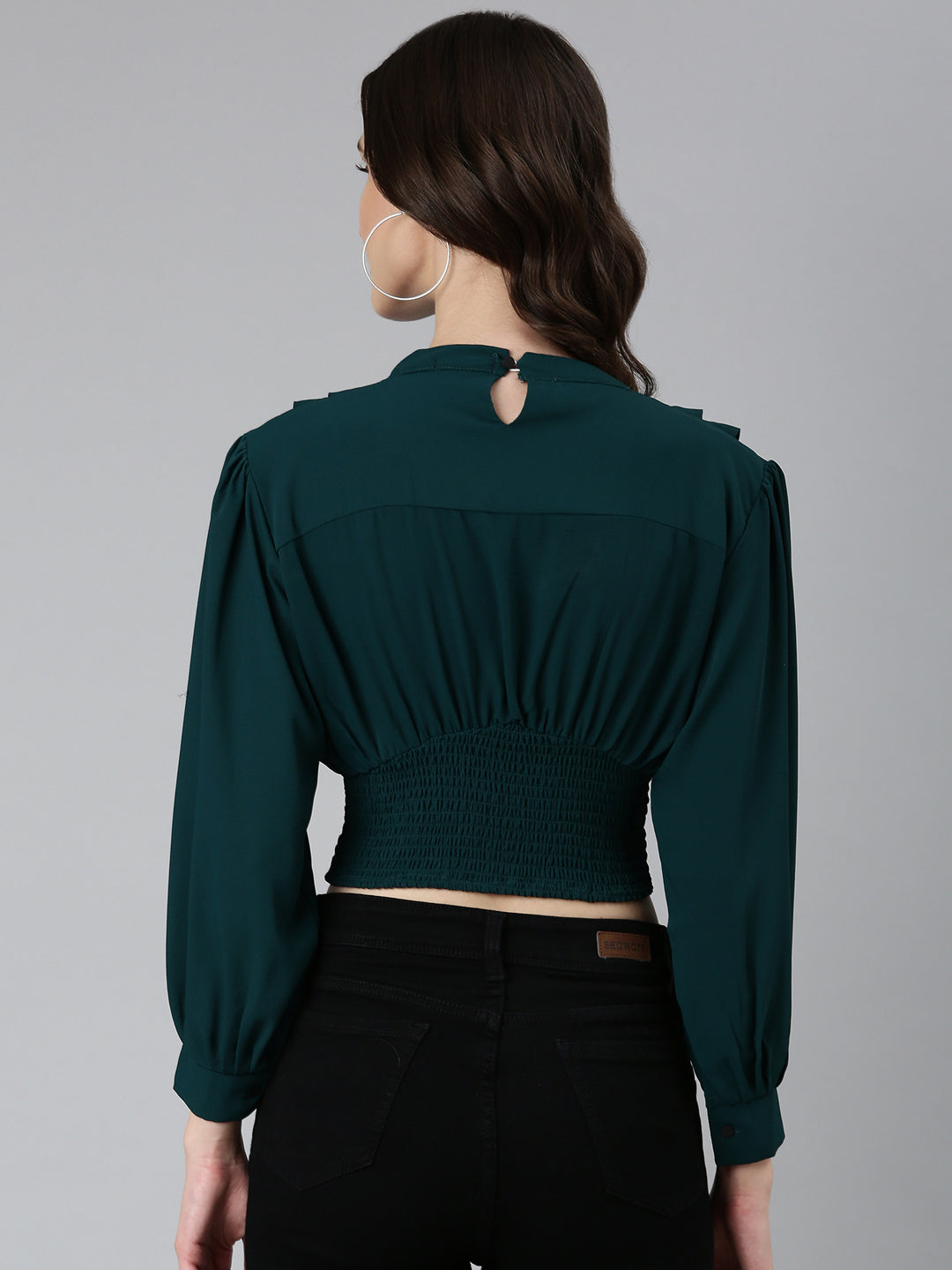 Women Green Solid Blouson Crop Top