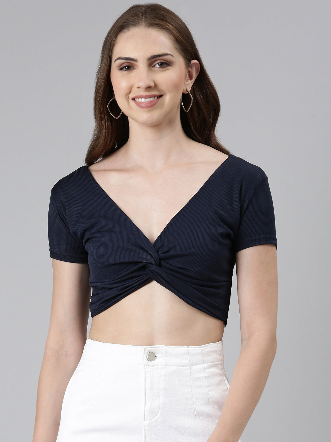 V-Neck Regular Sleeves Solid Blouson Navy Blue Crop Top