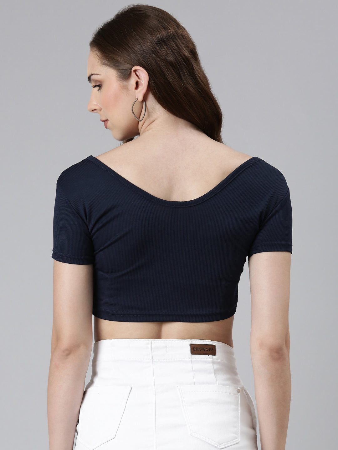 V-Neck Regular Sleeves Solid Blouson Navy Blue Crop Top