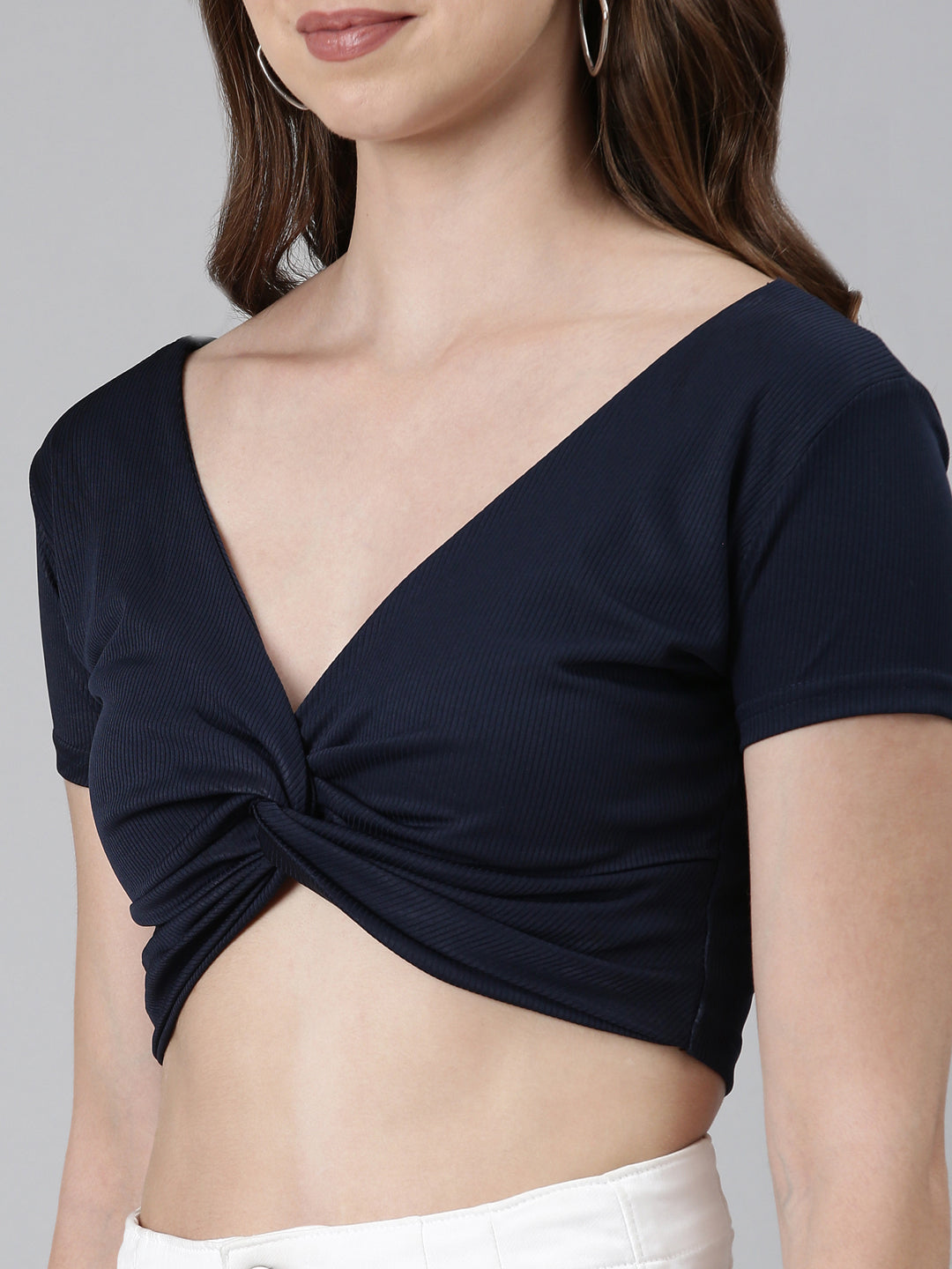 V-Neck Regular Sleeves Solid Blouson Navy Blue Crop Top