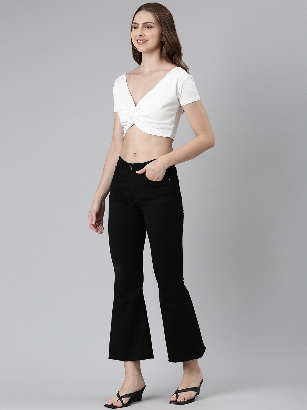 V-Neck Regular Sleeves Solid Blouson White Crop Top