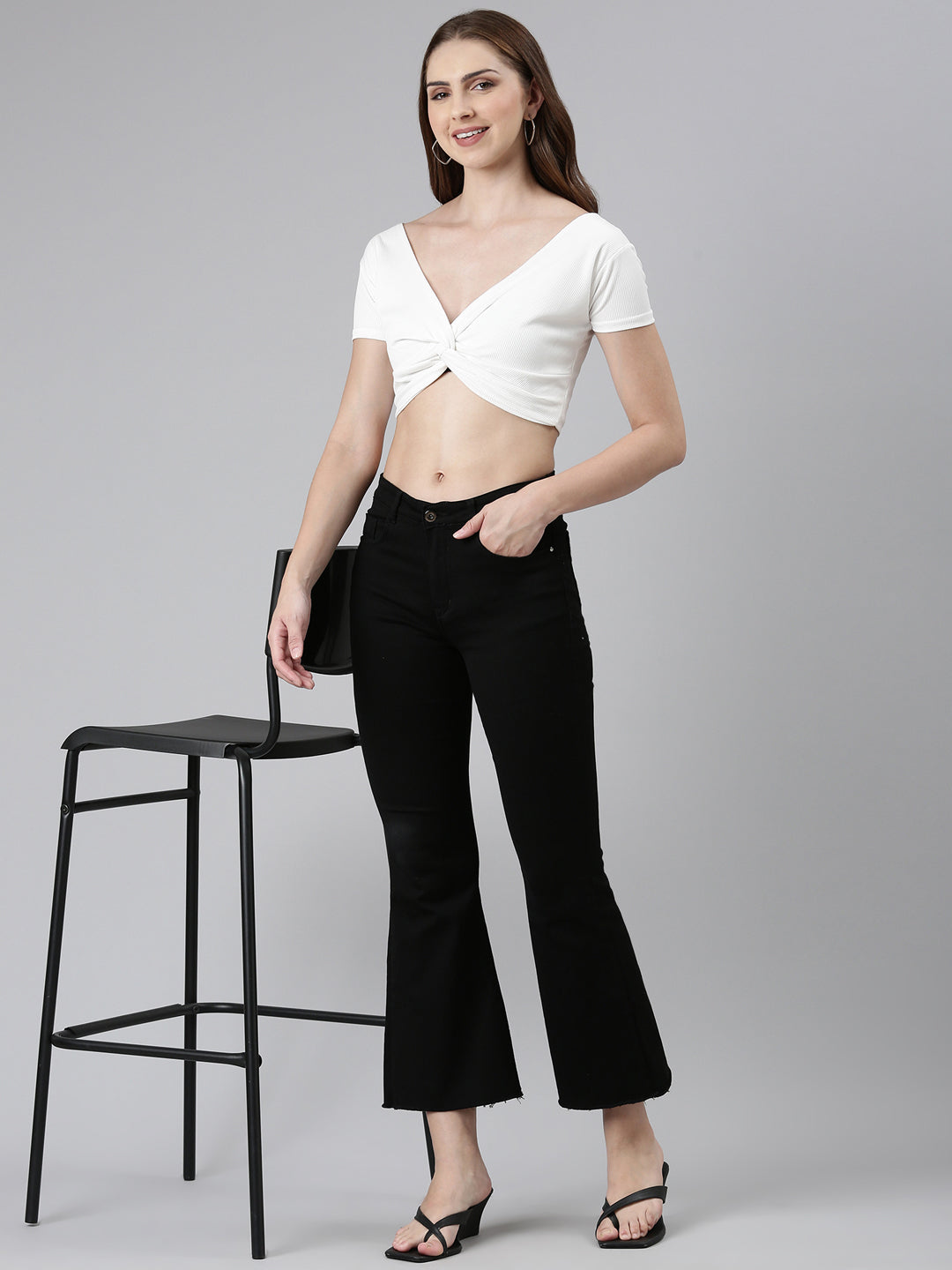 V-Neck Regular Sleeves Solid Blouson White Crop Top