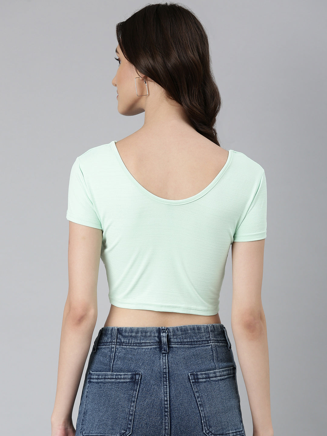 Women Sea Green Solid Blouson Crop Top