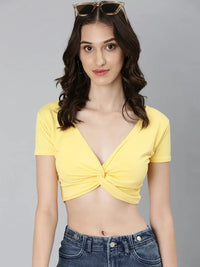 Women's Yellow V-Neck Short Sleeve Twisted Cotton Crop Top
