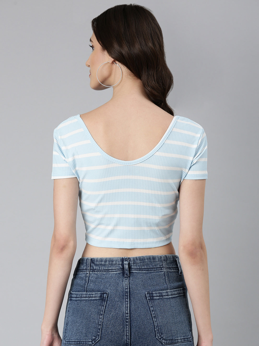 Women Blue Striped Blouson Crop Top