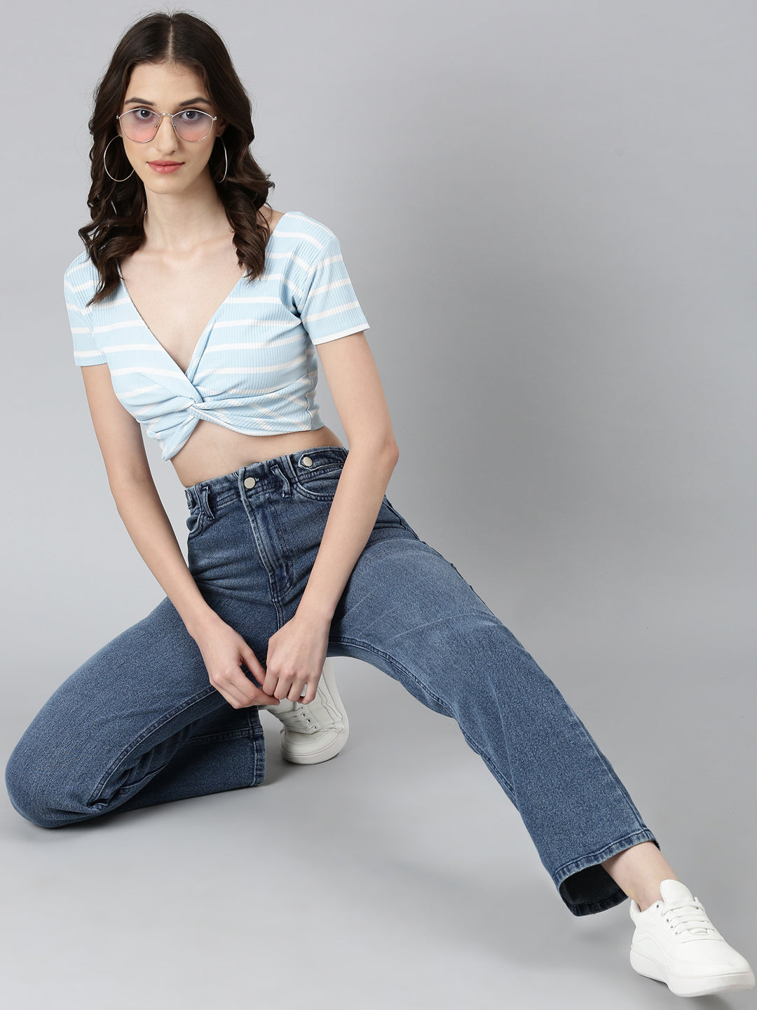 Women Blue Striped Blouson Crop Top