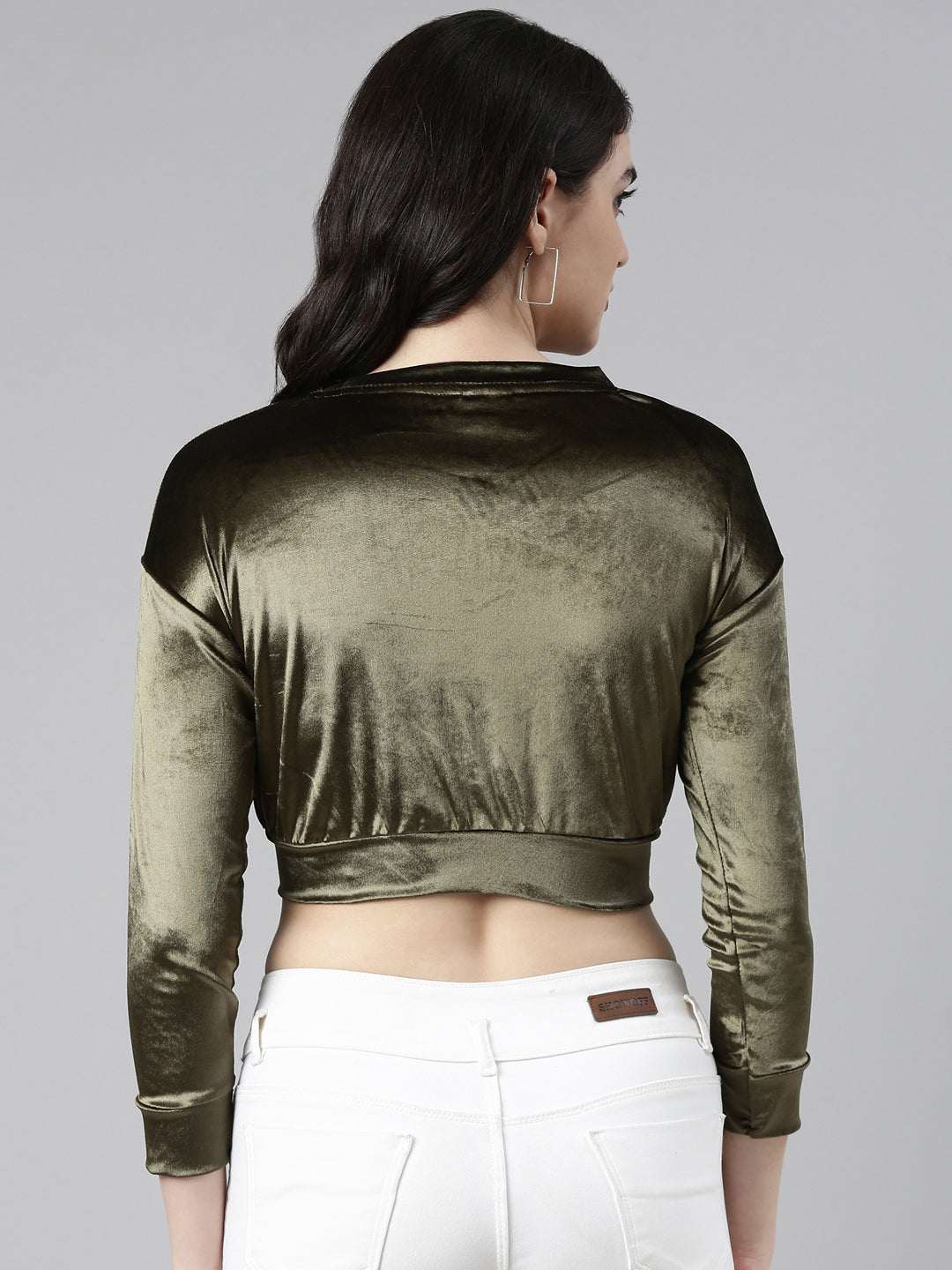 Round Neck Regular Sleeves Solid Blouson Olive Crop Top