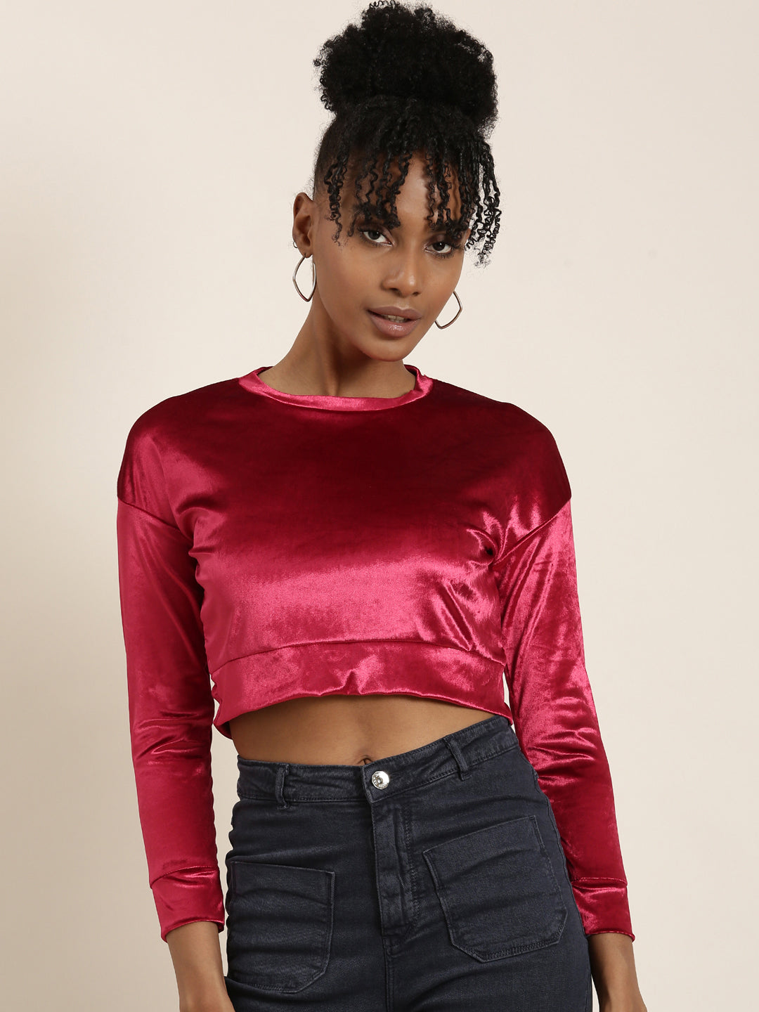 Women Red Solid Blouson Crop Top