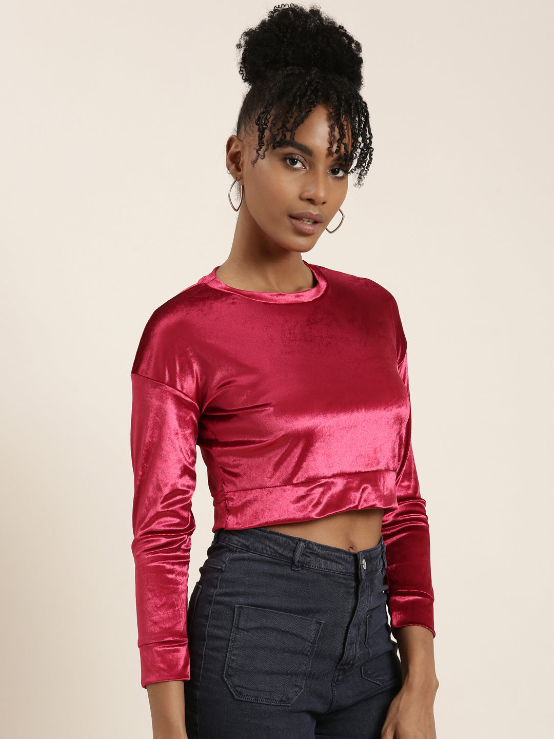 Women Red Solid Blouson Crop Top