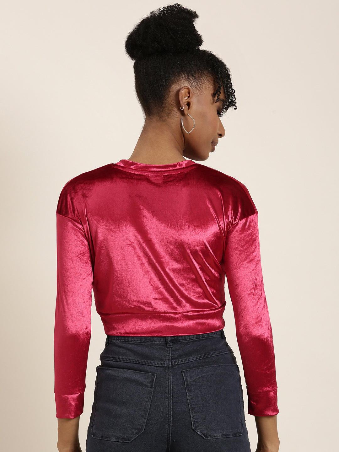 Women Red Solid Blouson Crop Top