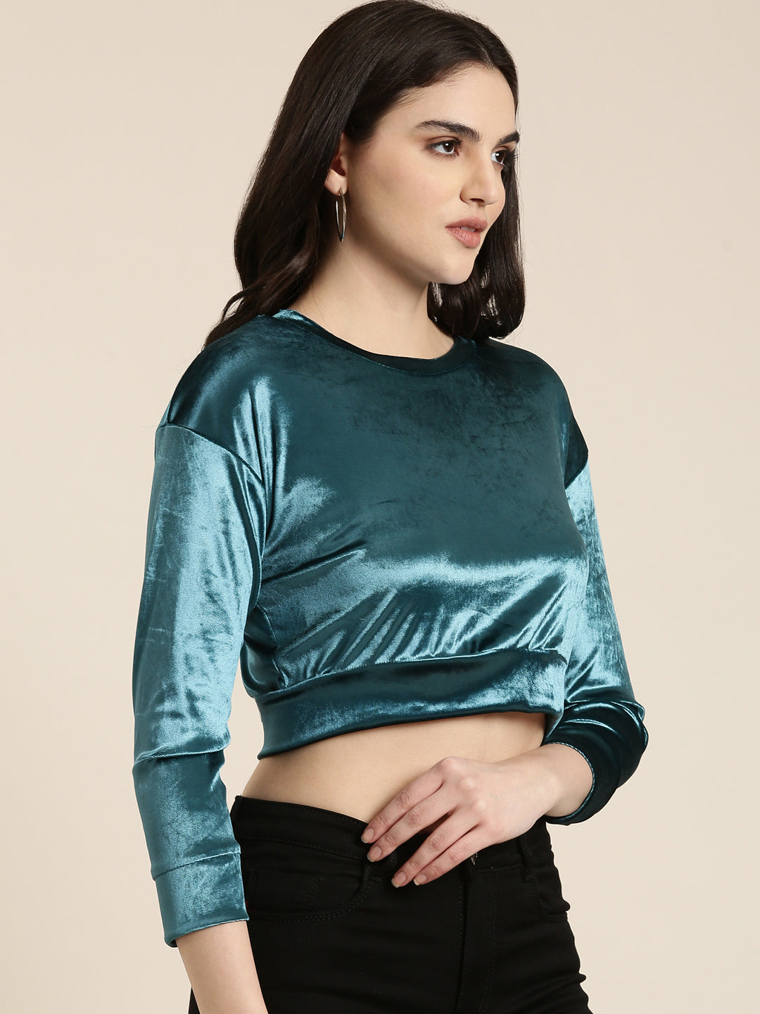 Women Teal Solid Blouson Crop Top