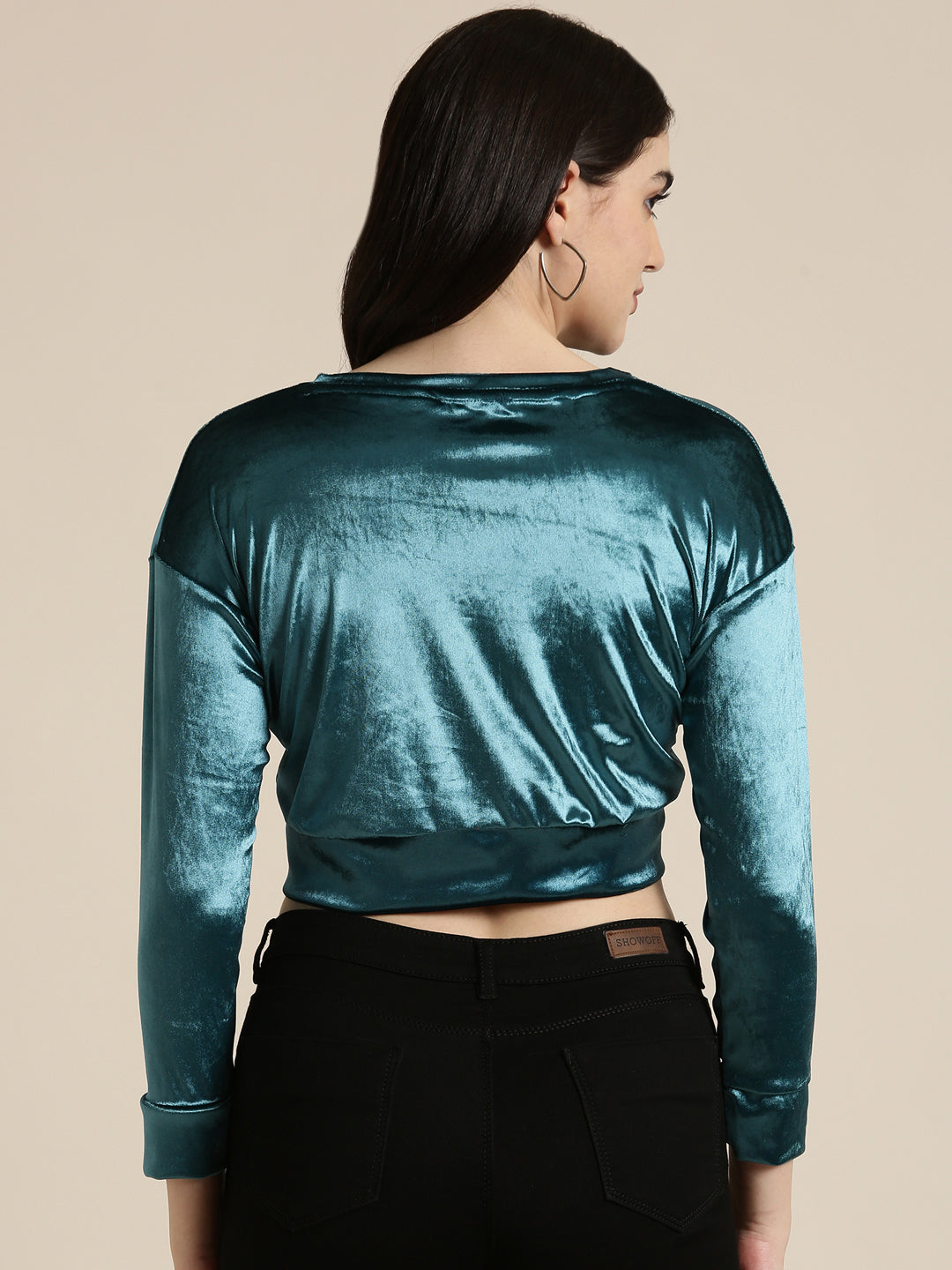 Women Teal Solid Blouson Crop Top