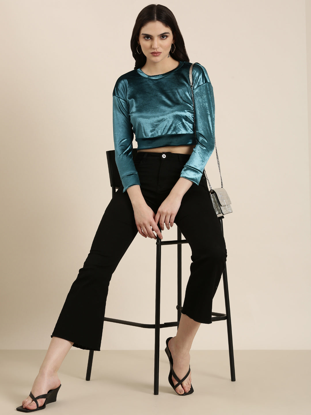 Women Teal Solid Blouson Crop Top