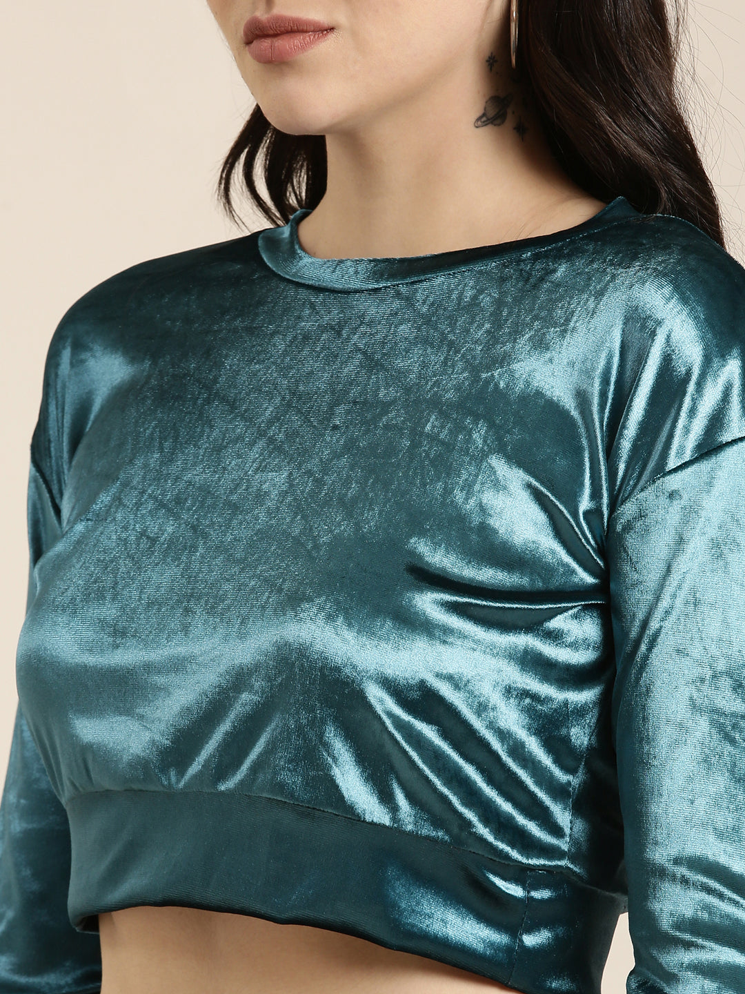 Women Teal Solid Blouson Crop Top