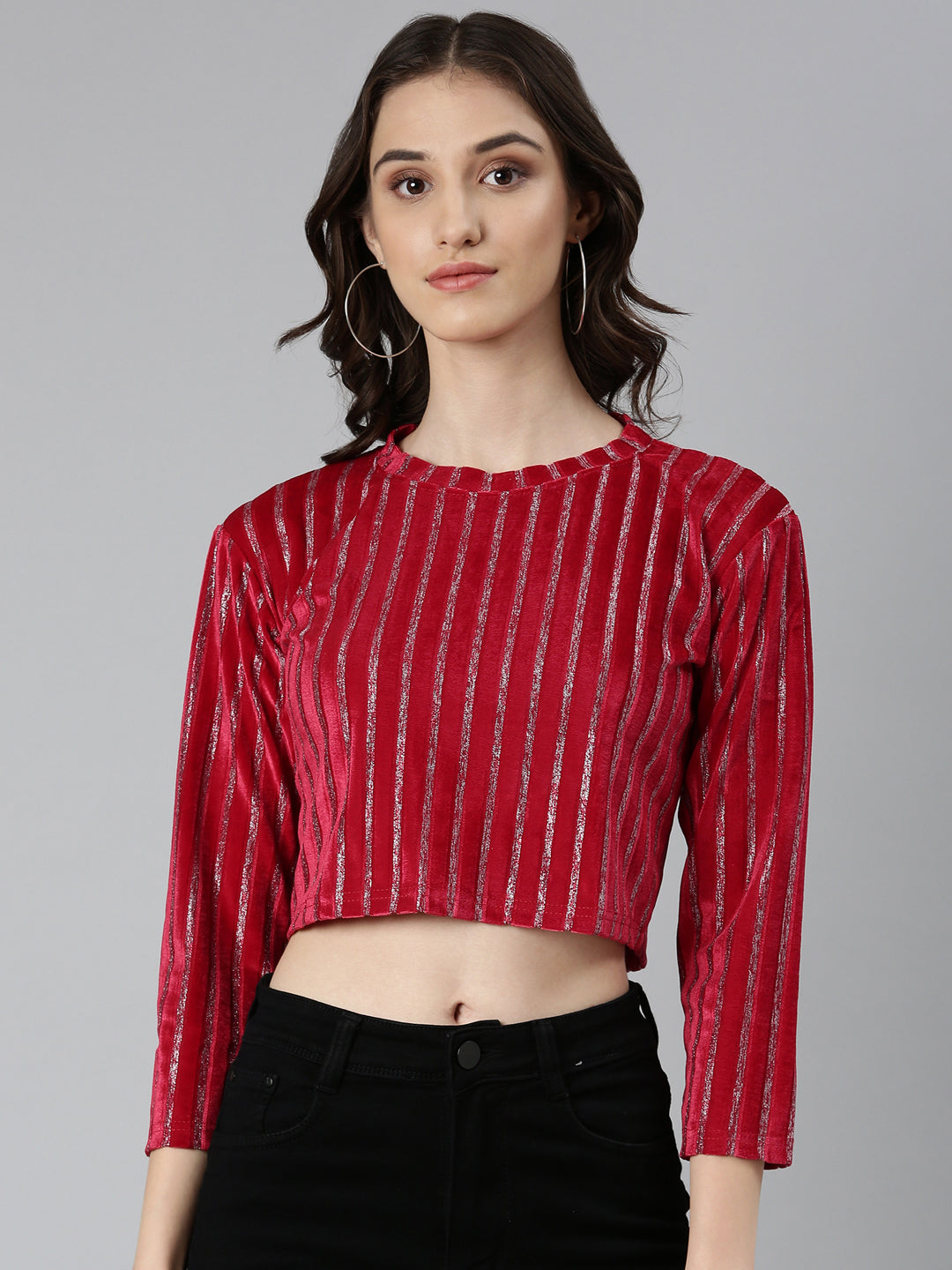 Women Fuchsia Striped Crop Top