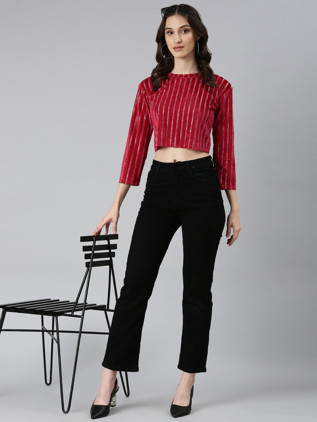 Women Fuchsia Striped Crop Top