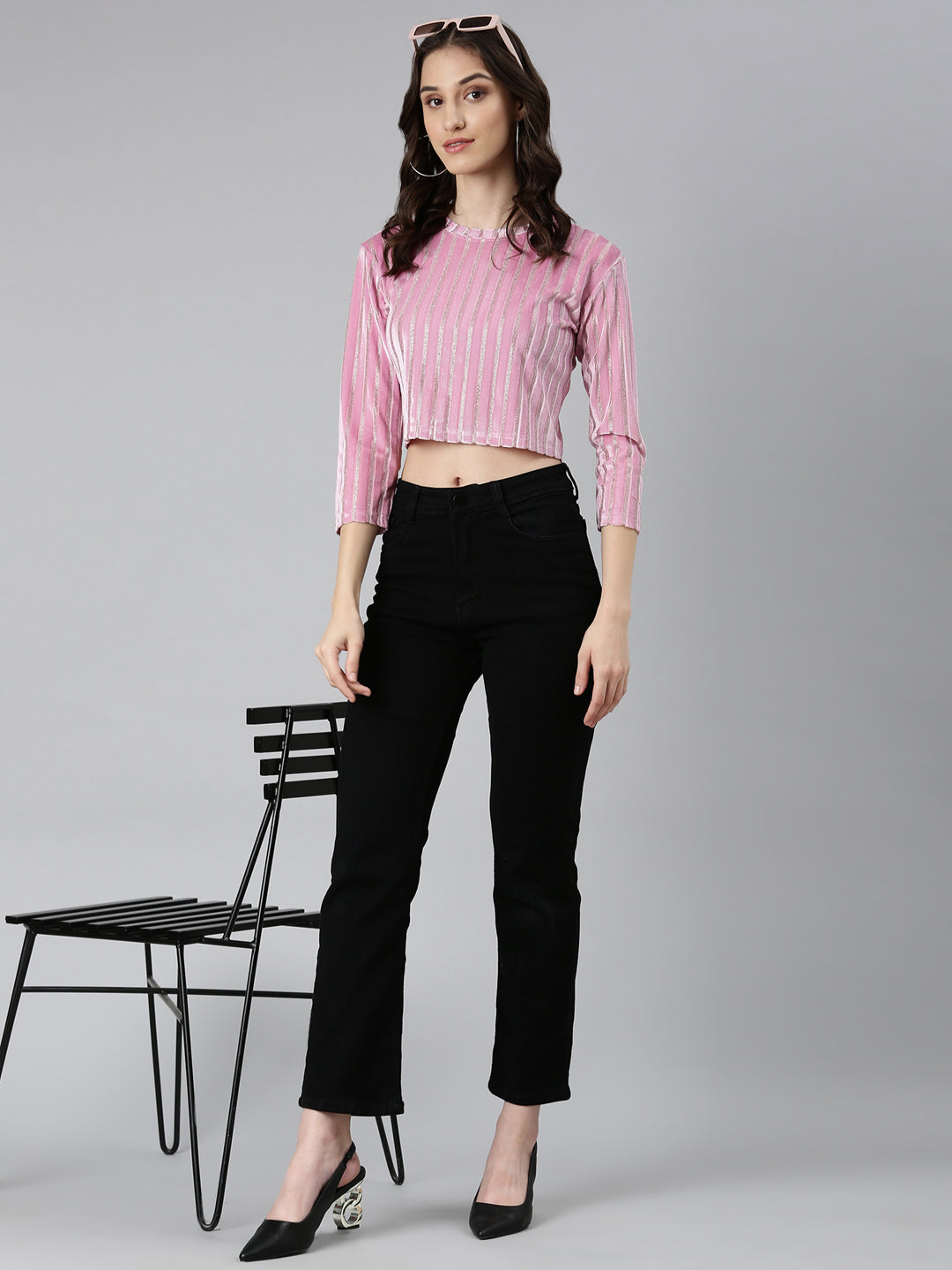 Women Pink Striped Crop Top