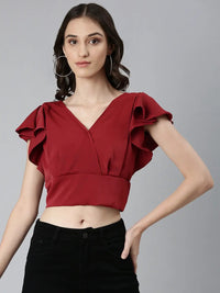 Women's Maroon Flutter Sleeve Crepe Styled Back Crop Top