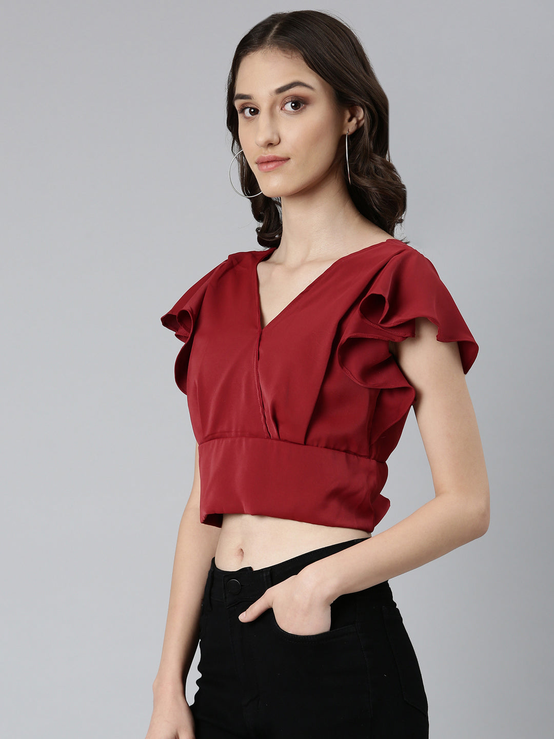 Women Maroon Solid Styled Back Crop Top