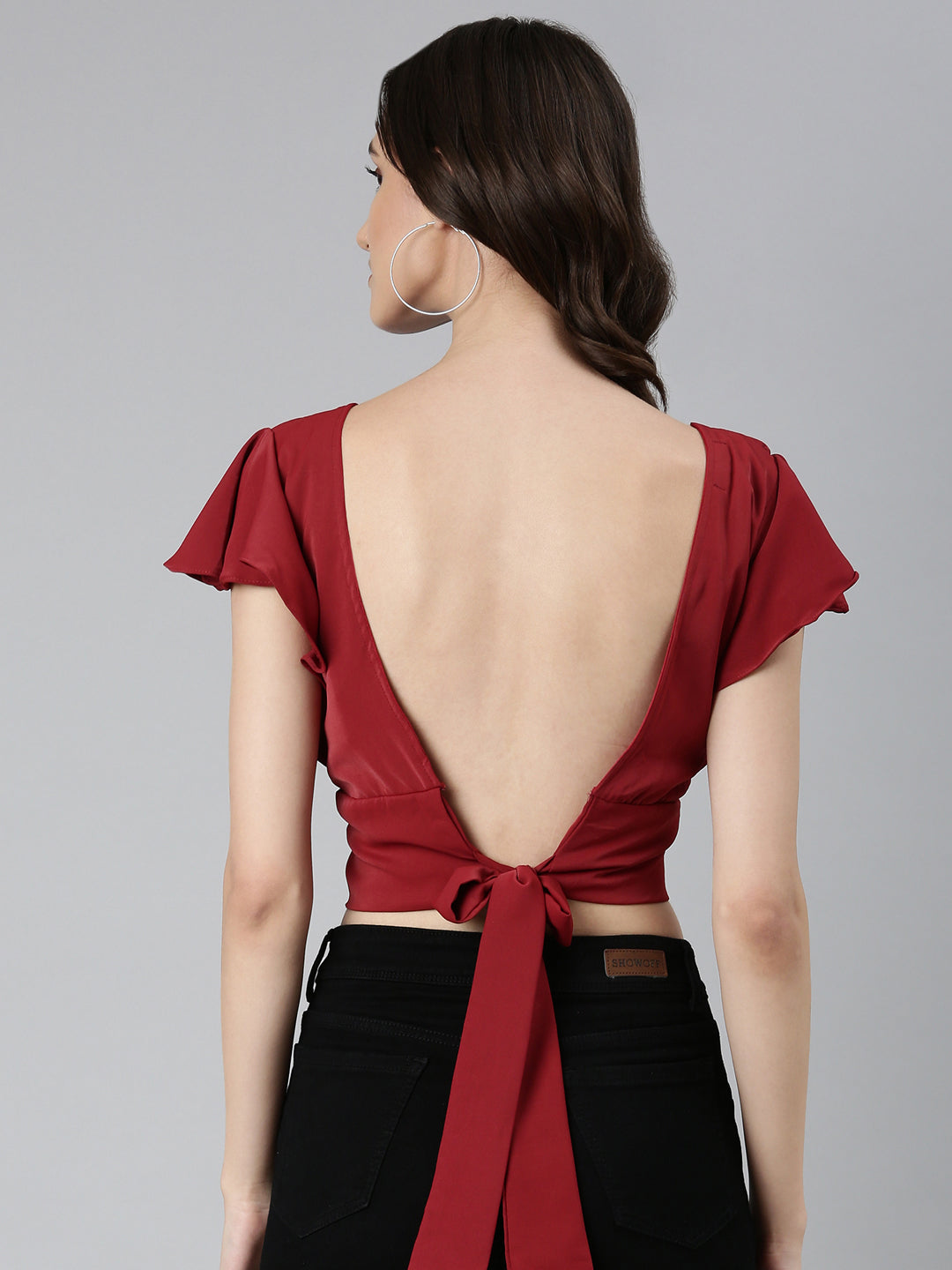 Women Maroon Solid Styled Back Crop Top