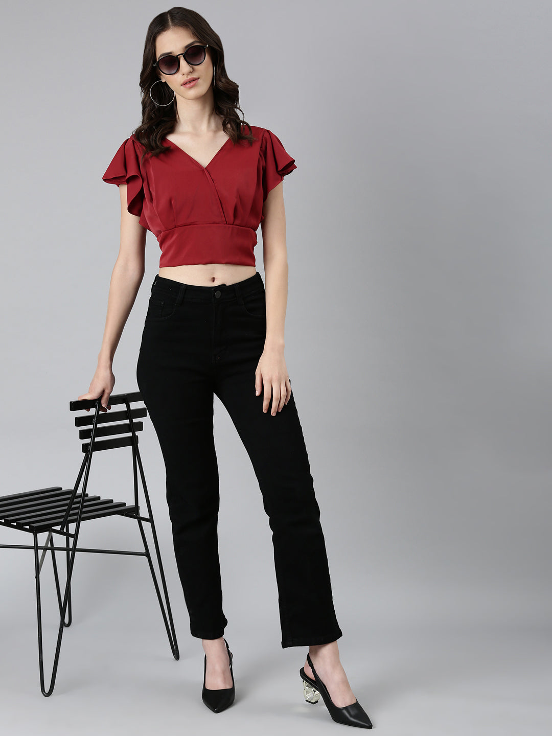 Women Maroon Solid Styled Back Crop Top