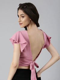 Women's Pink Flutter Sleeve Crepe Styled Back Crop Top