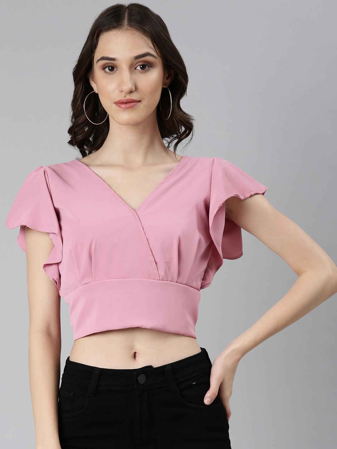 Women Pink Solid Styled Back Crop Top