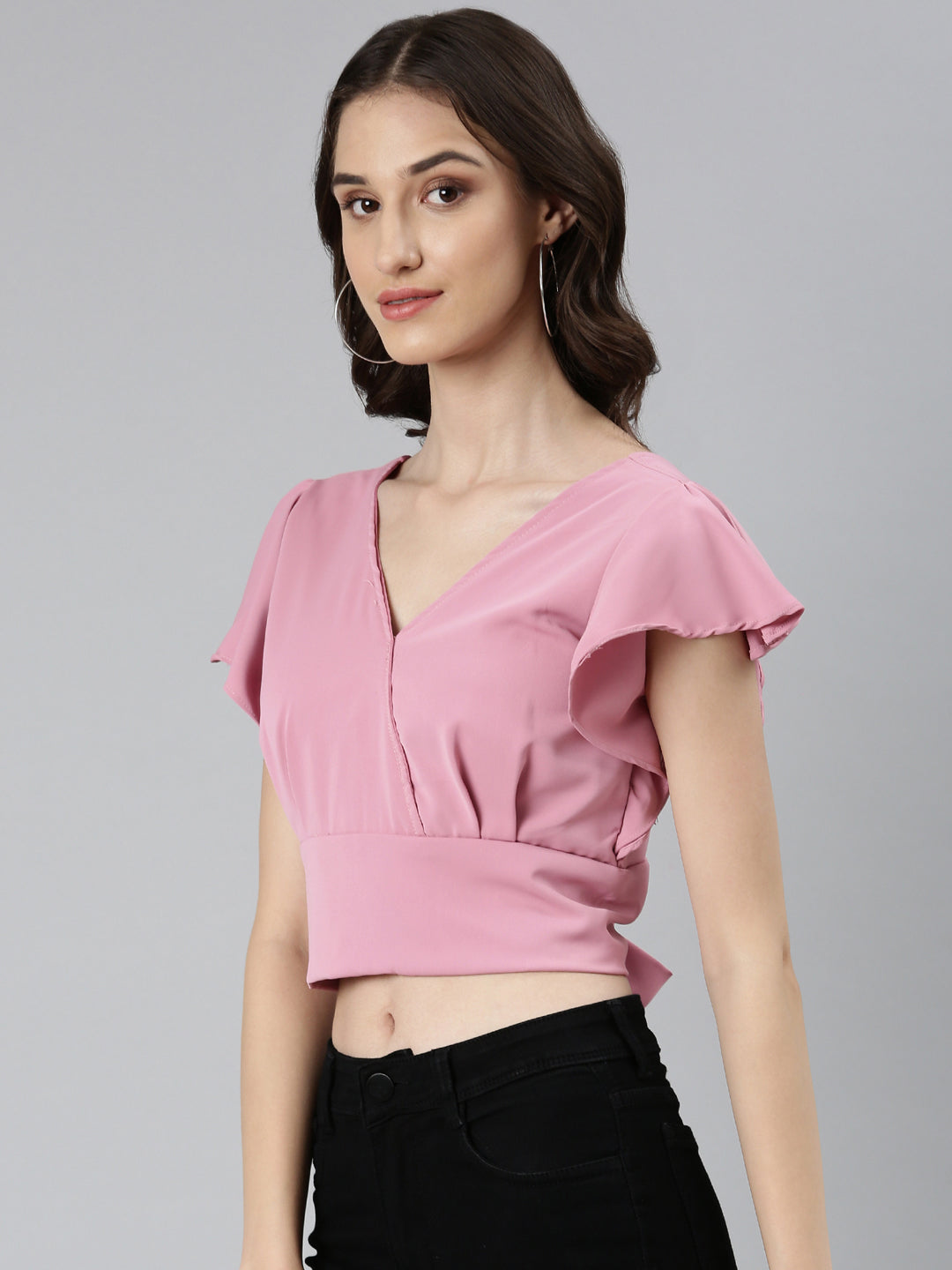 Women Pink Solid Styled Back Crop Top