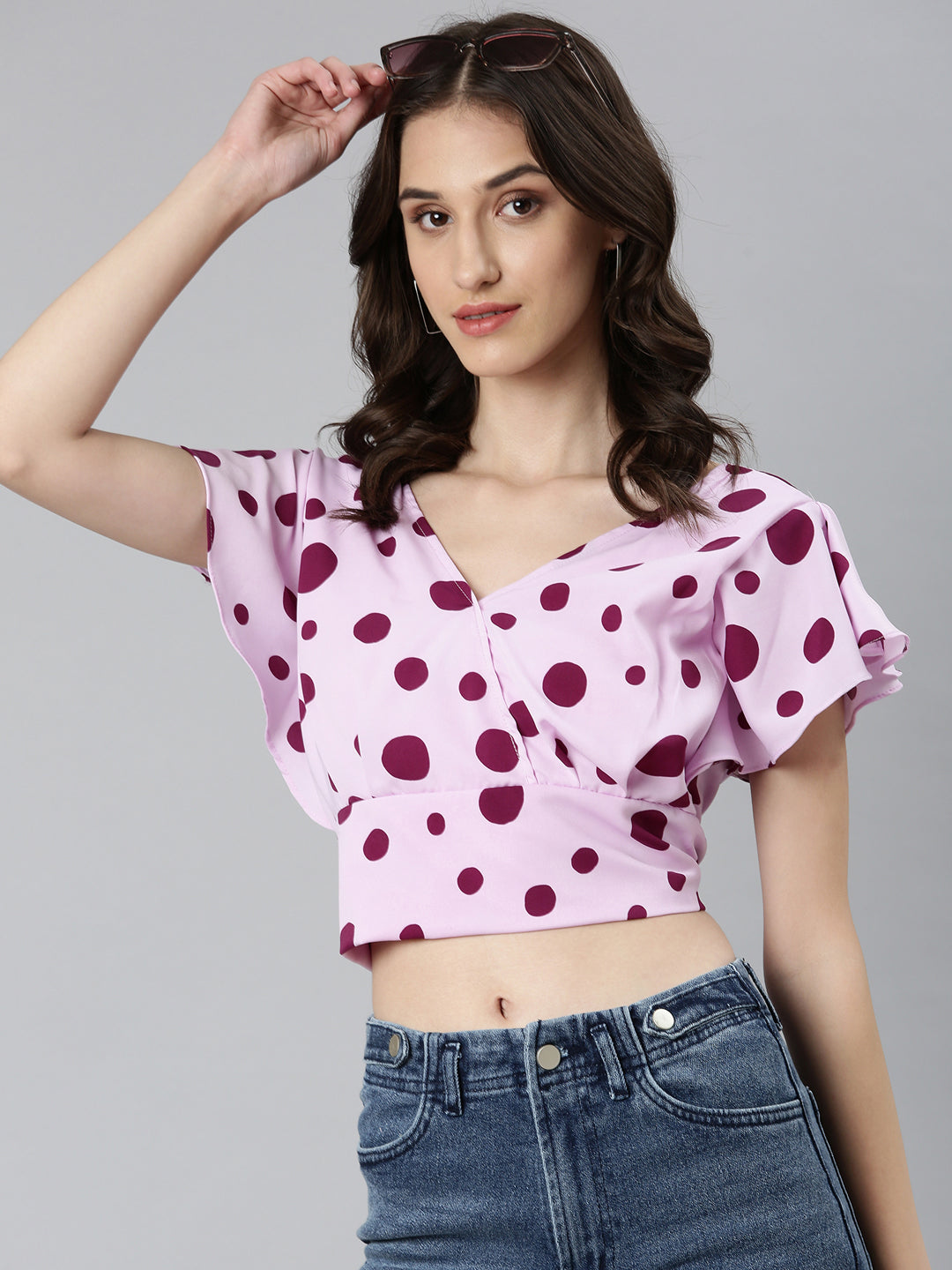 Women Lavender Polka Dots Blouson Crop Top