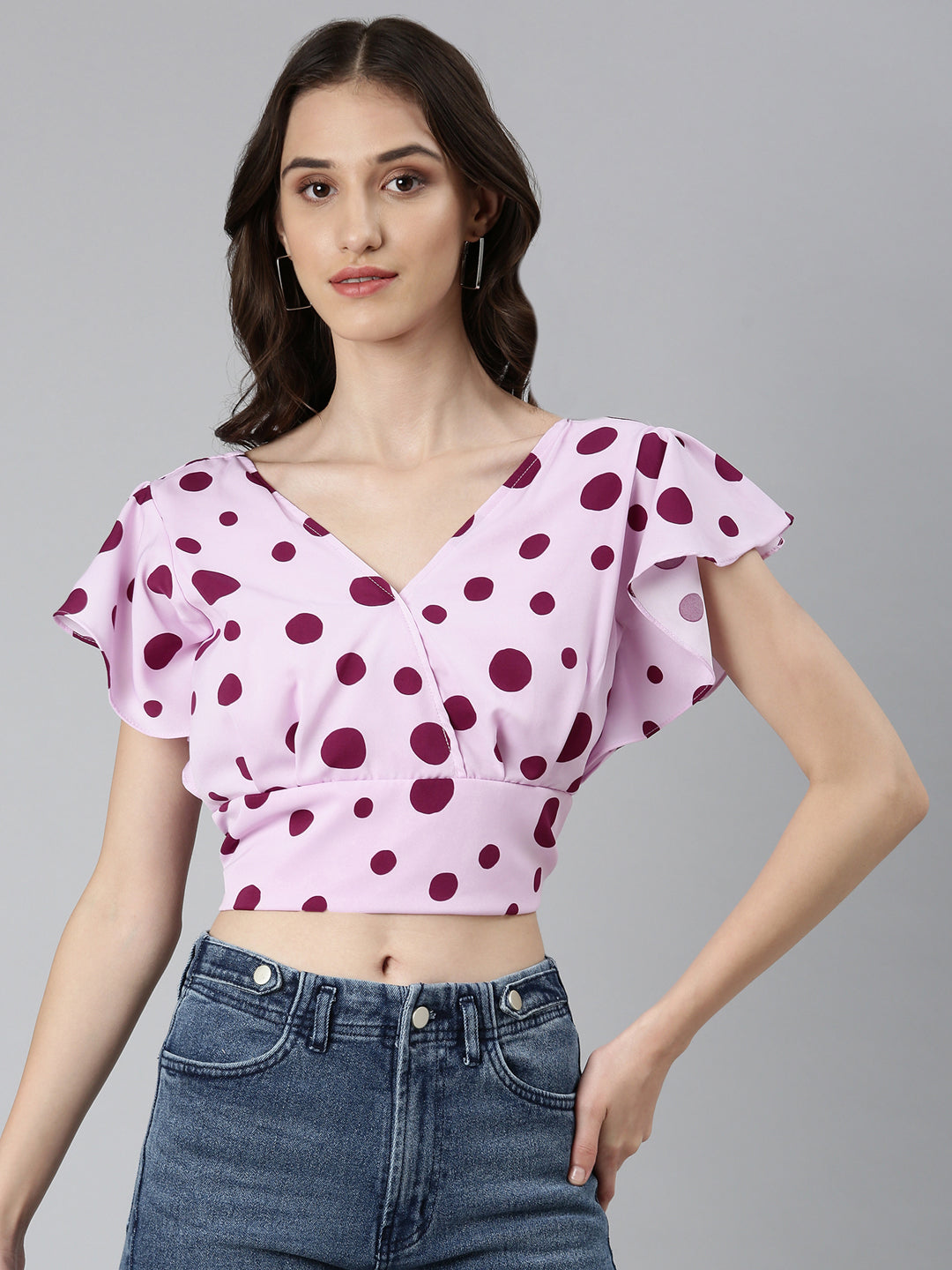 Women Lavender Polka Dots Blouson Crop Top