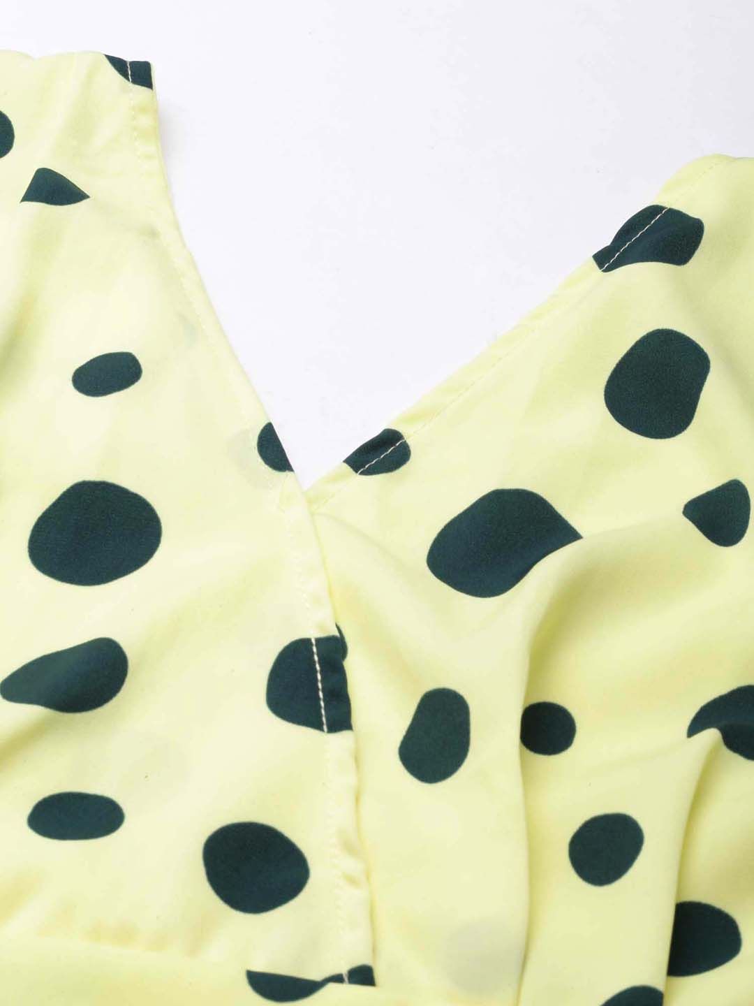 Women Lime Green Polka Dots Blouson Crop Top