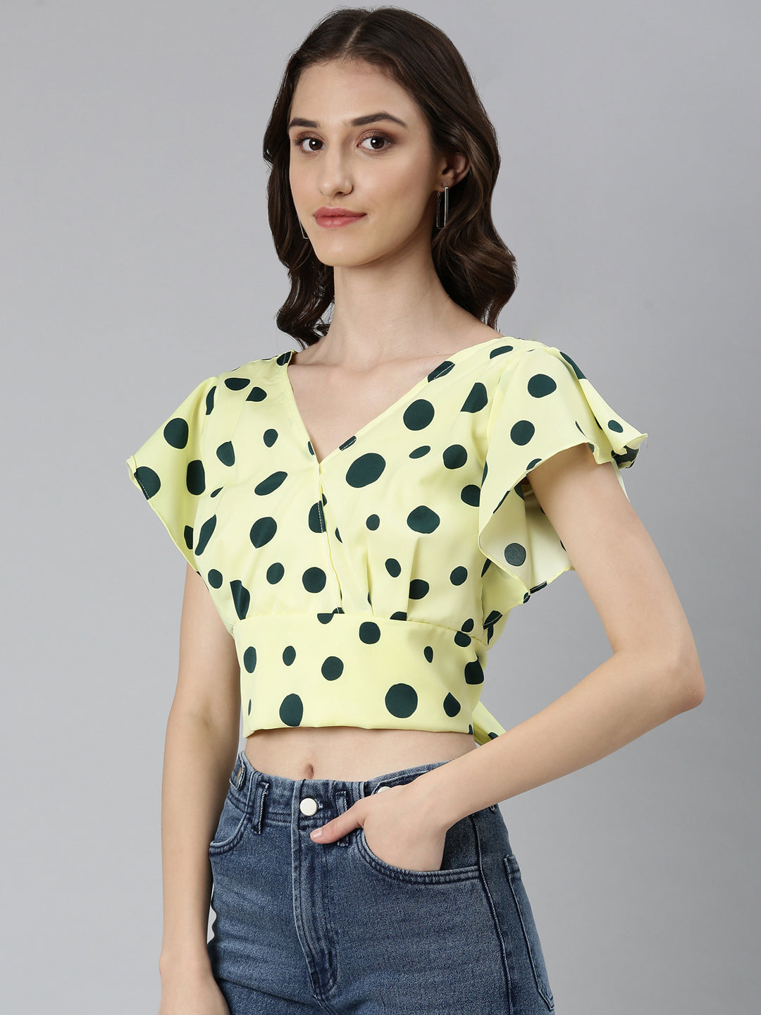 Women Lime Green Polka Dots Blouson Crop Top