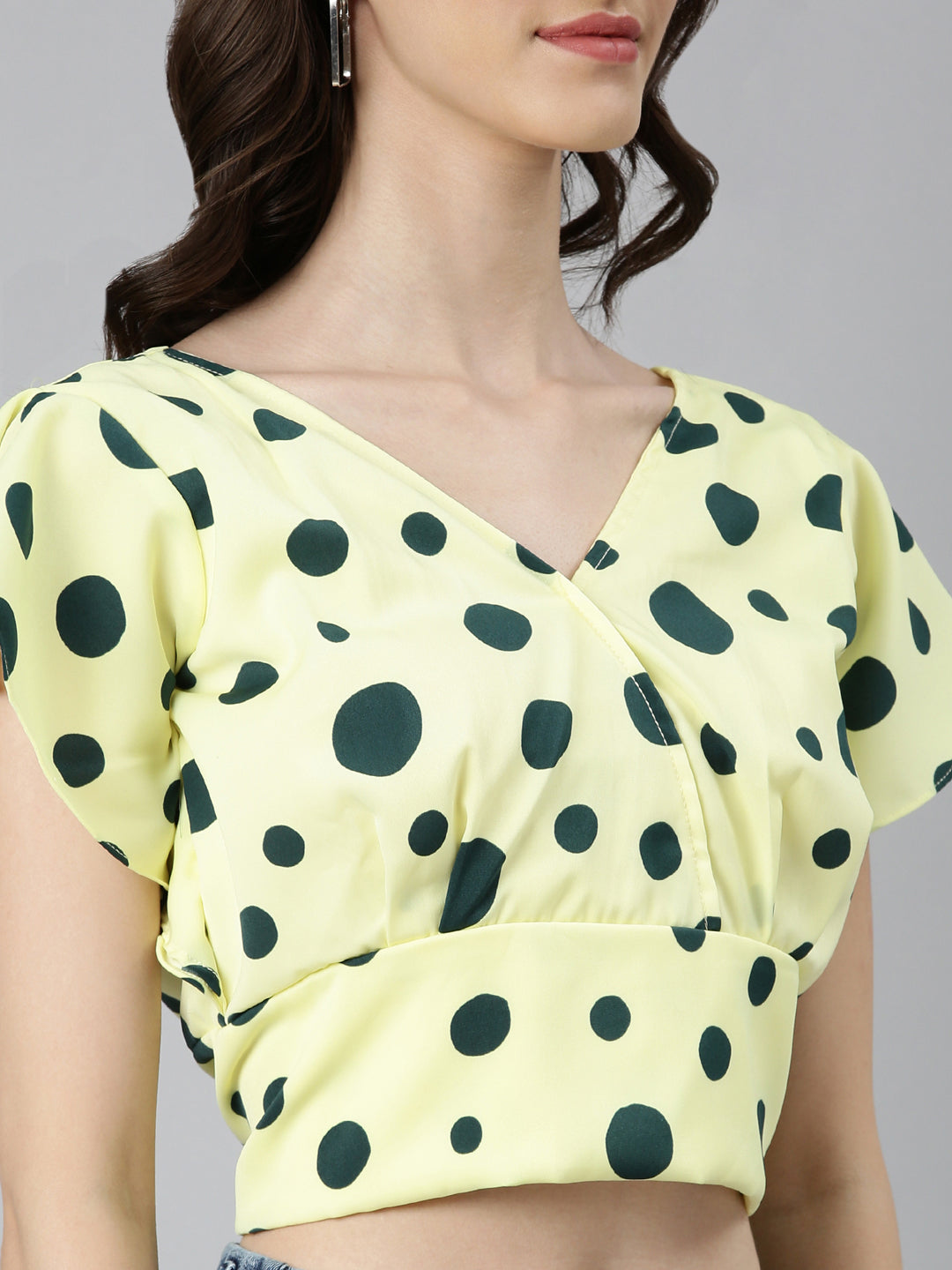 Women Lime Green Polka Dots Blouson Crop Top