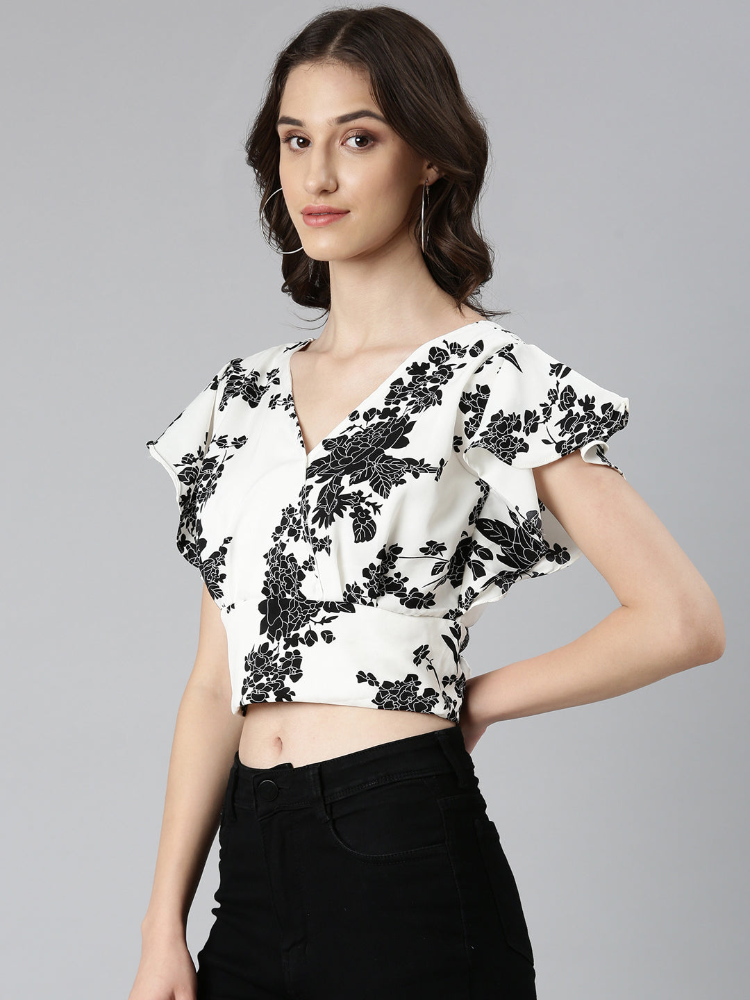 Women White Floral Styled Back Crop Top