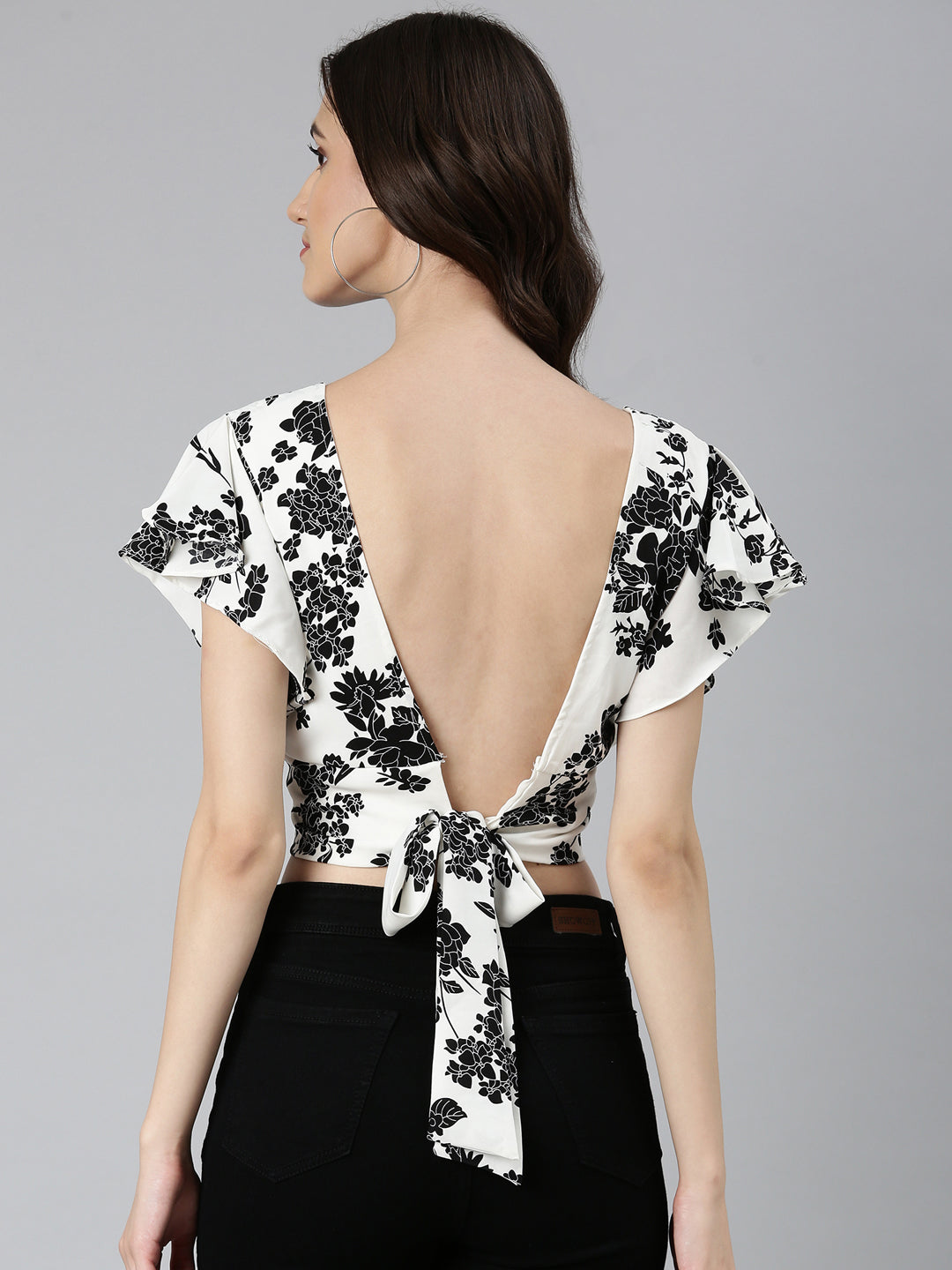 Women White Floral Styled Back Crop Top