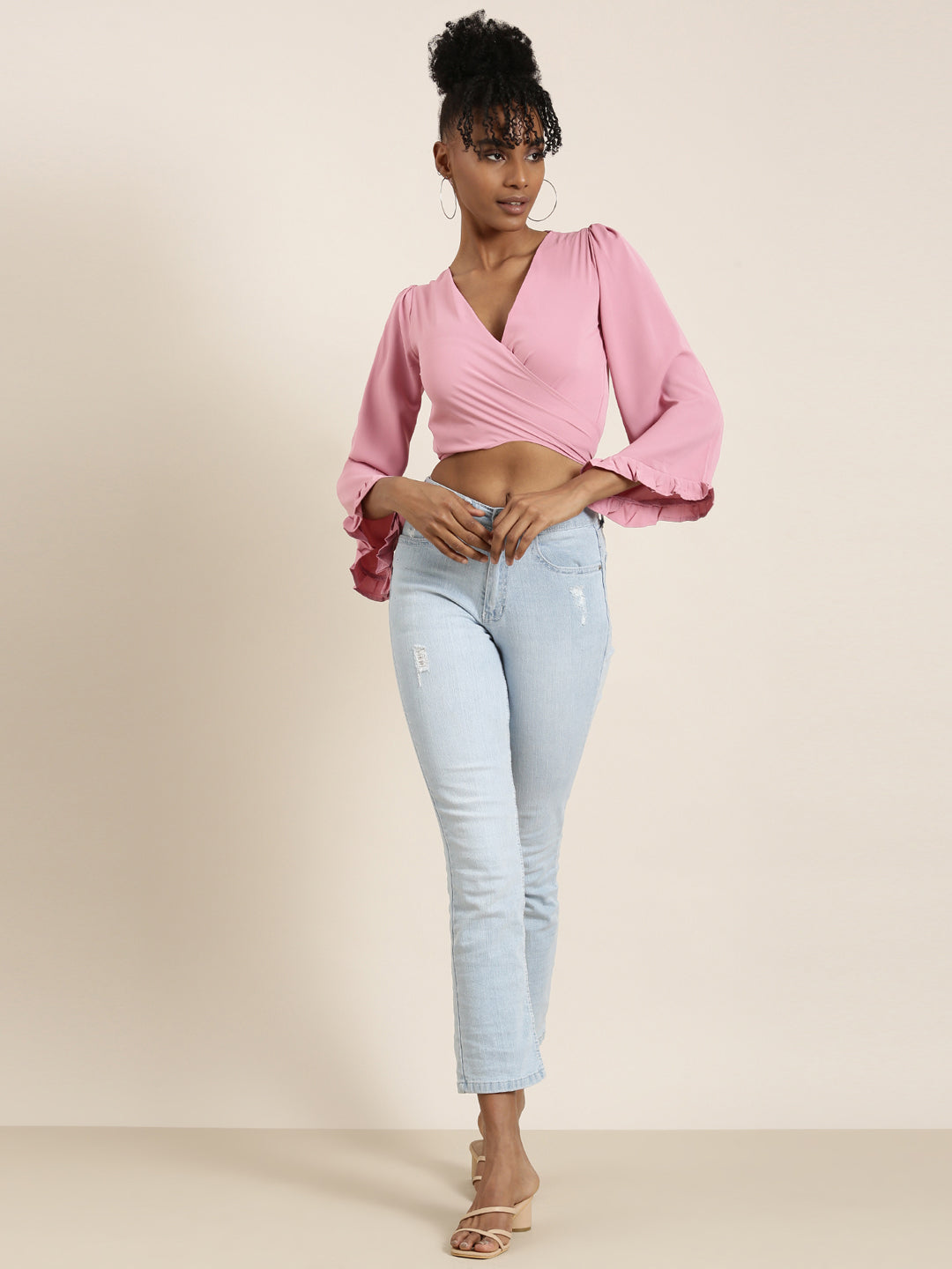 Women Pink Solid Wrap Crop Top