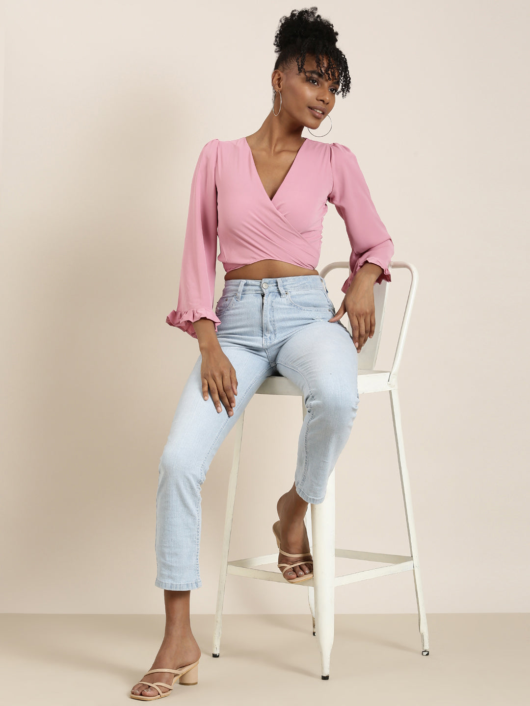 Women Pink Solid Wrap Crop Top