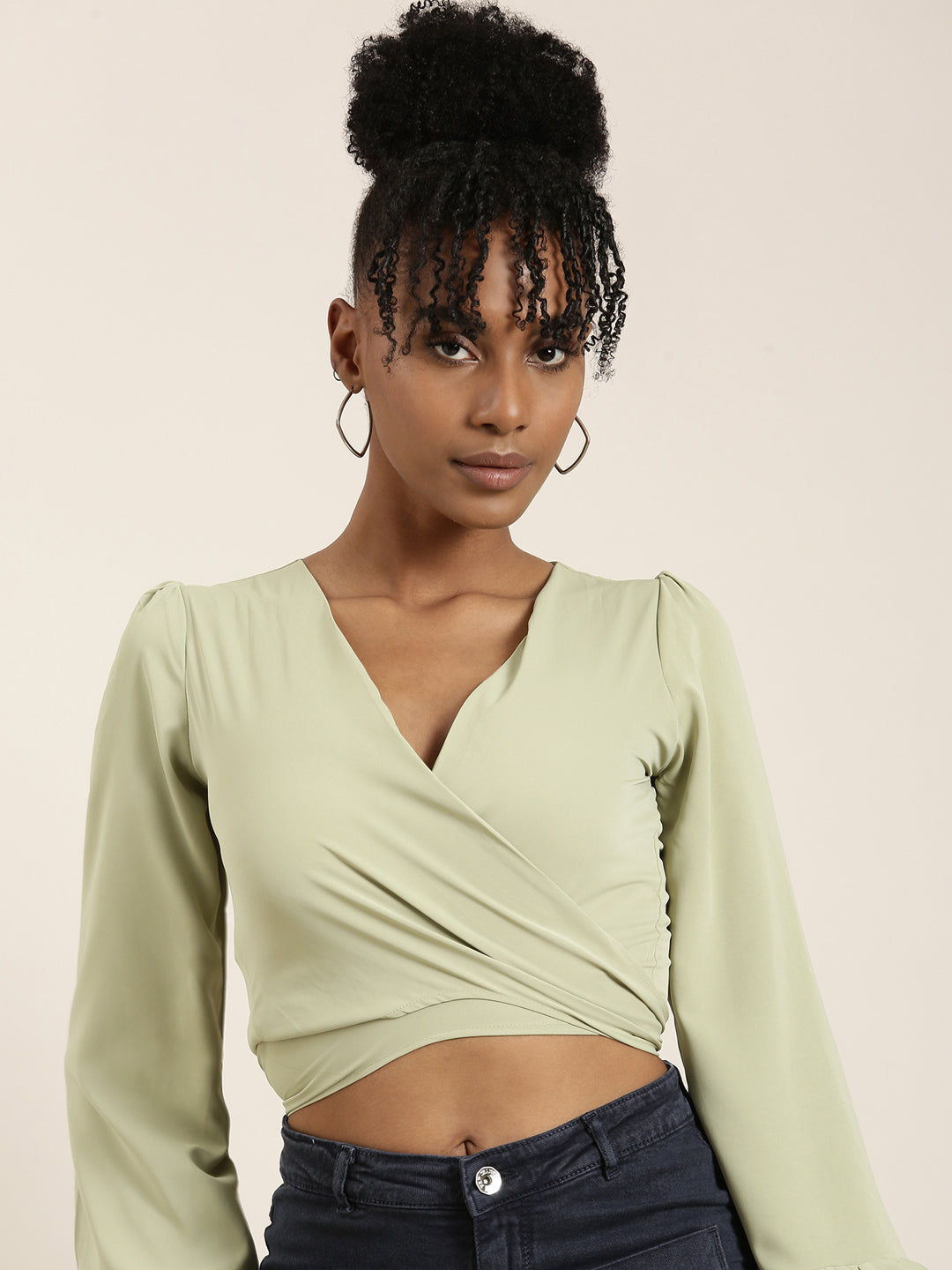 Women Sea Green Solid Wrap Crop Top