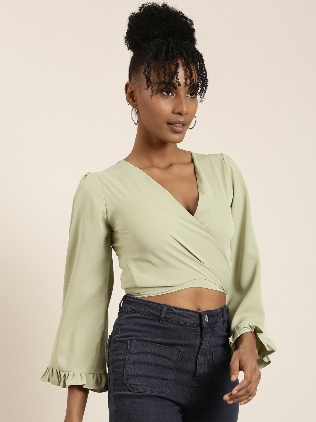 Women Sea Green Solid Wrap Crop Top