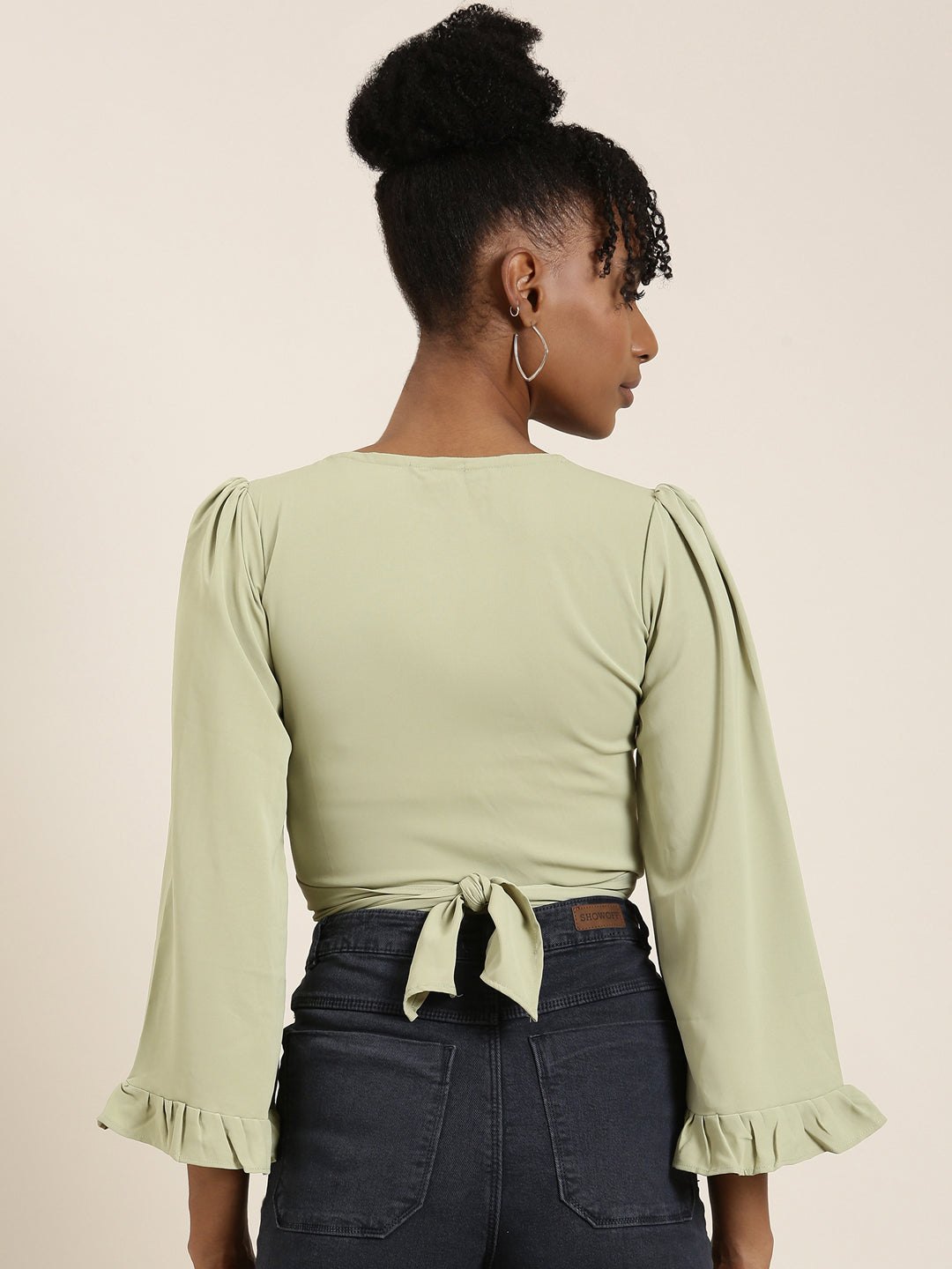 Women Sea Green Solid Wrap Crop Top