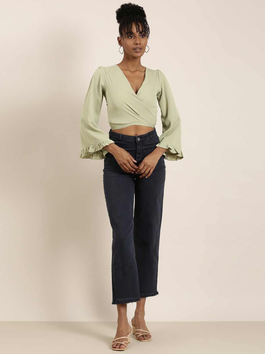 Women Sea Green Solid Wrap Crop Top