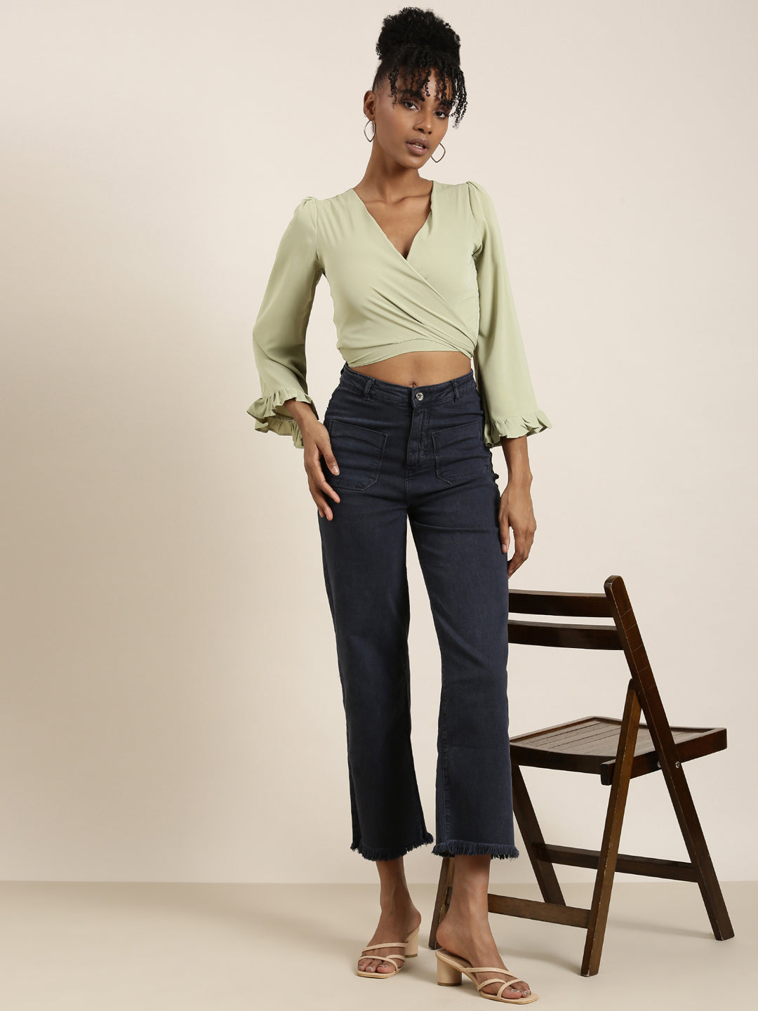 Women Sea Green Solid Wrap Crop Top