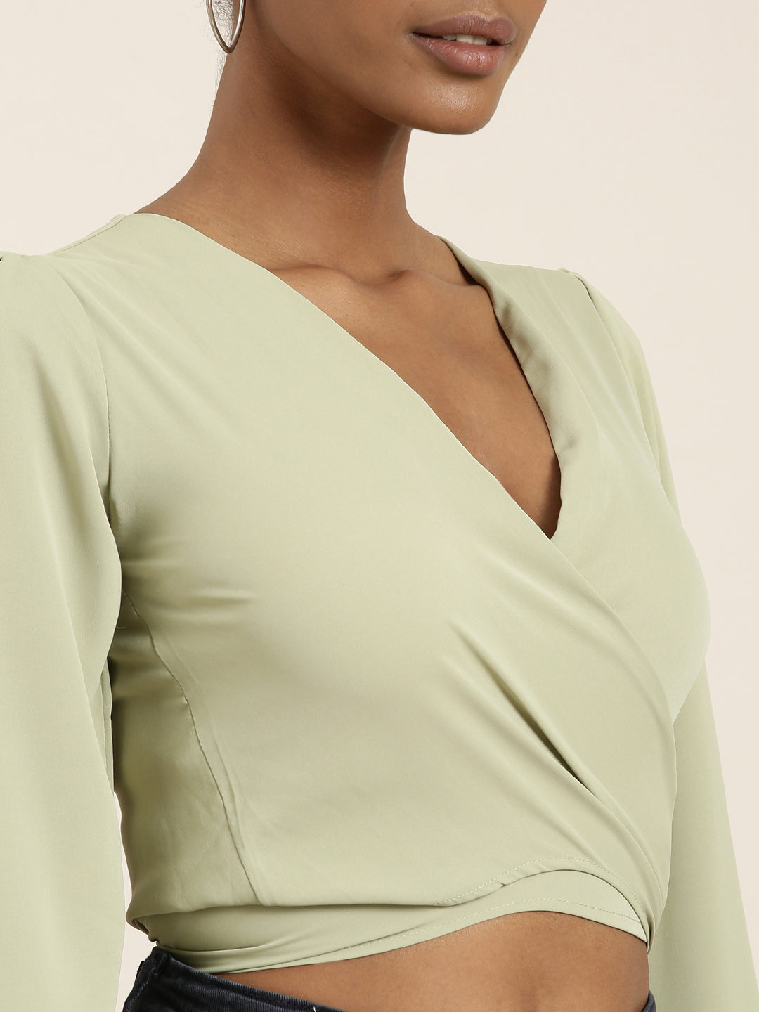 Women Sea Green Solid Wrap Crop Top