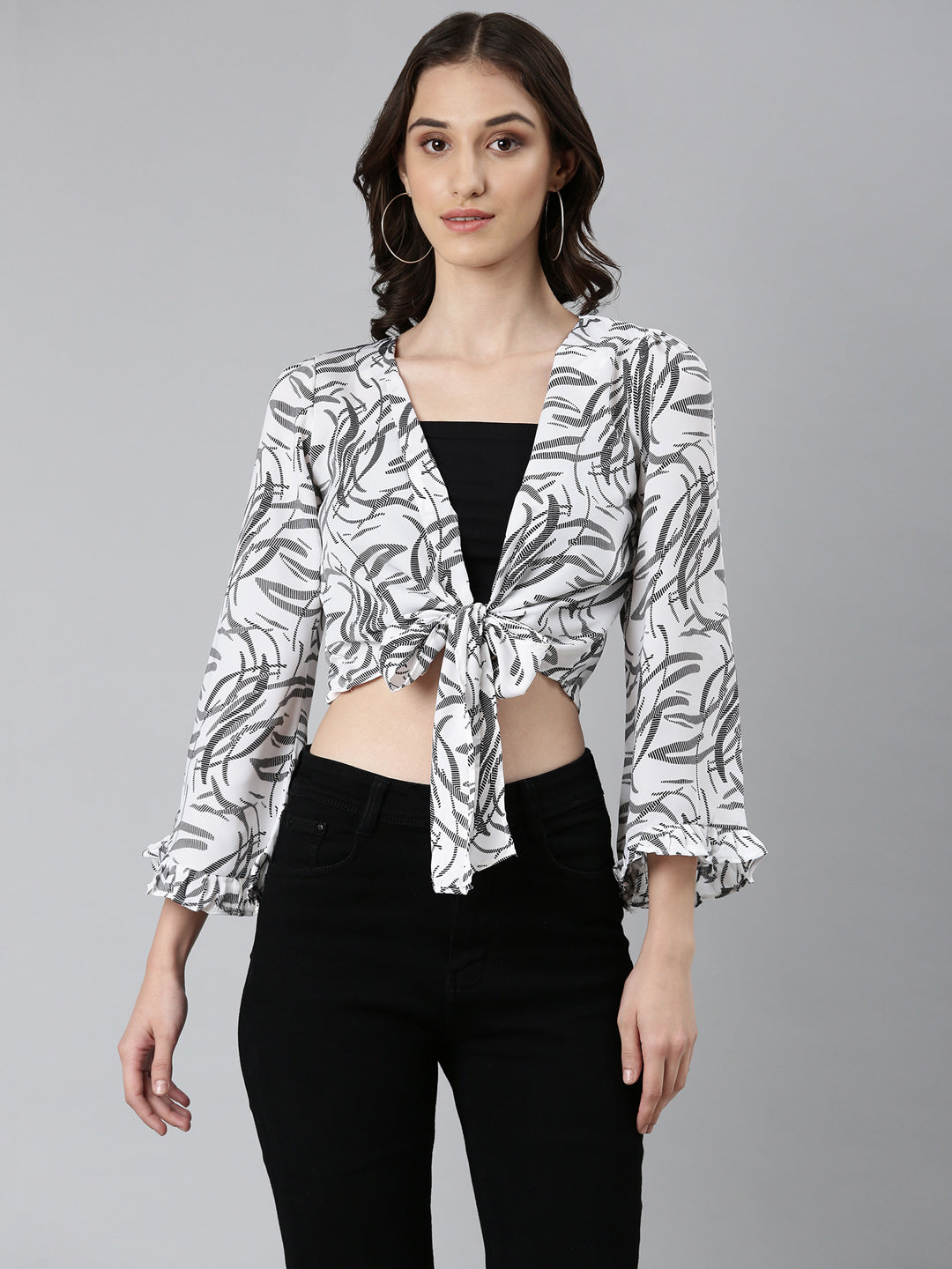 Women Off White Printed Wrap Crop Top