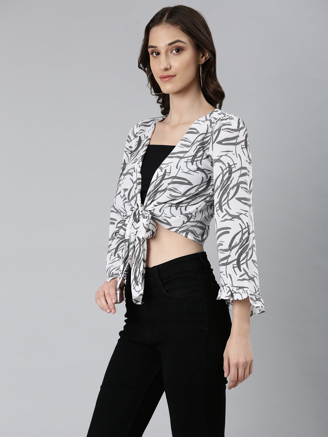 Women Off White Printed Wrap Crop Top