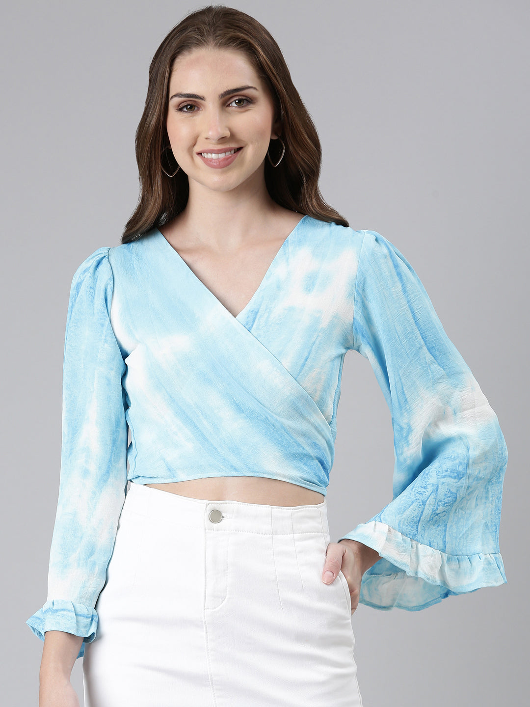 Women Blue Solid Wrap Crop Top