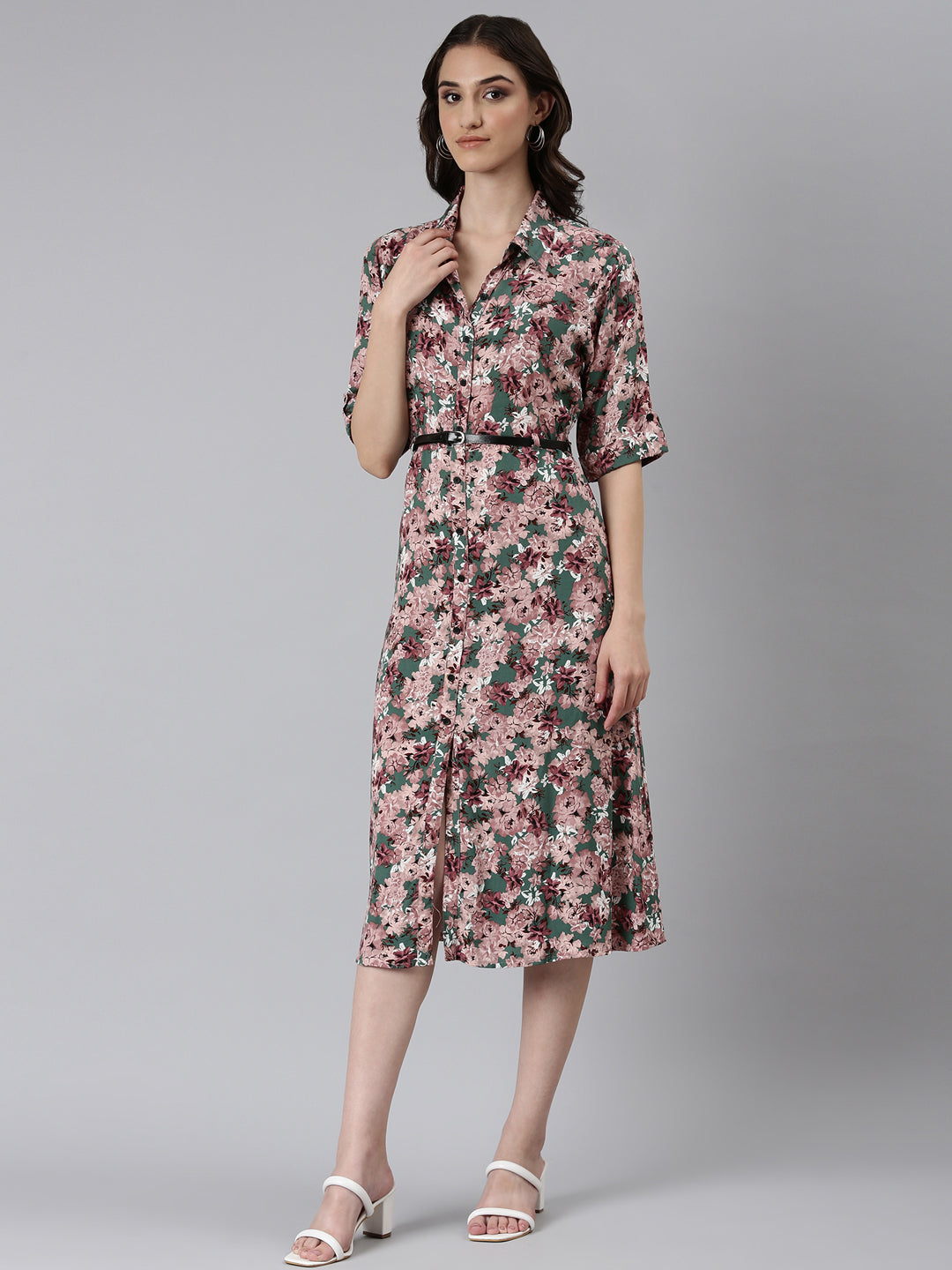 Women Green Floral Shirt Dress