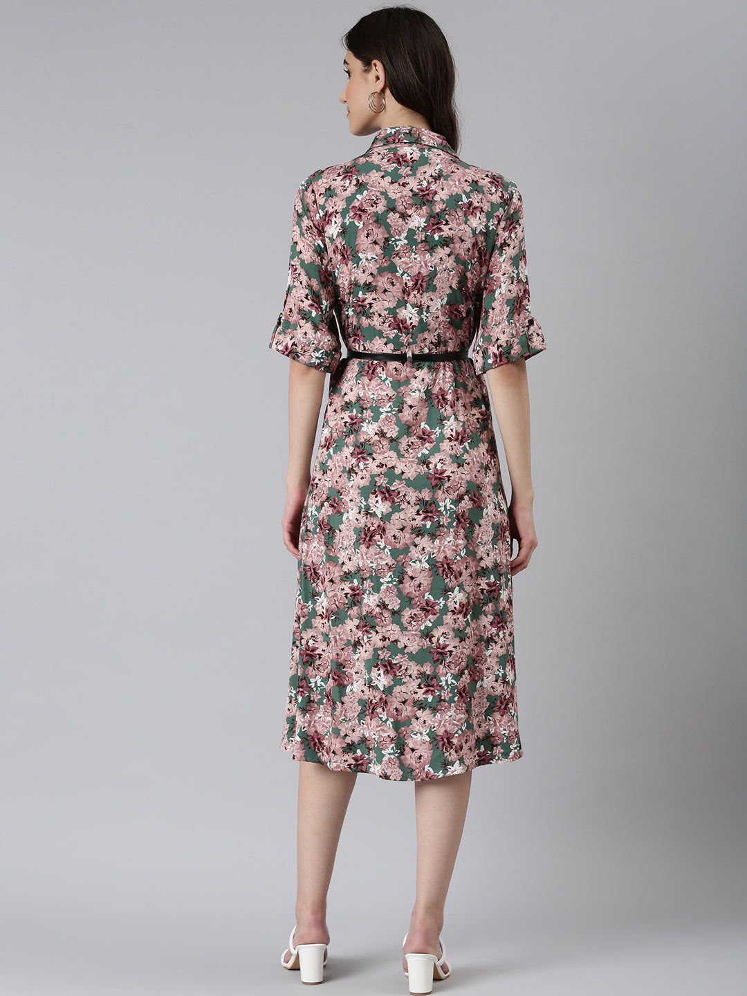 Women Green Floral Shirt Dress