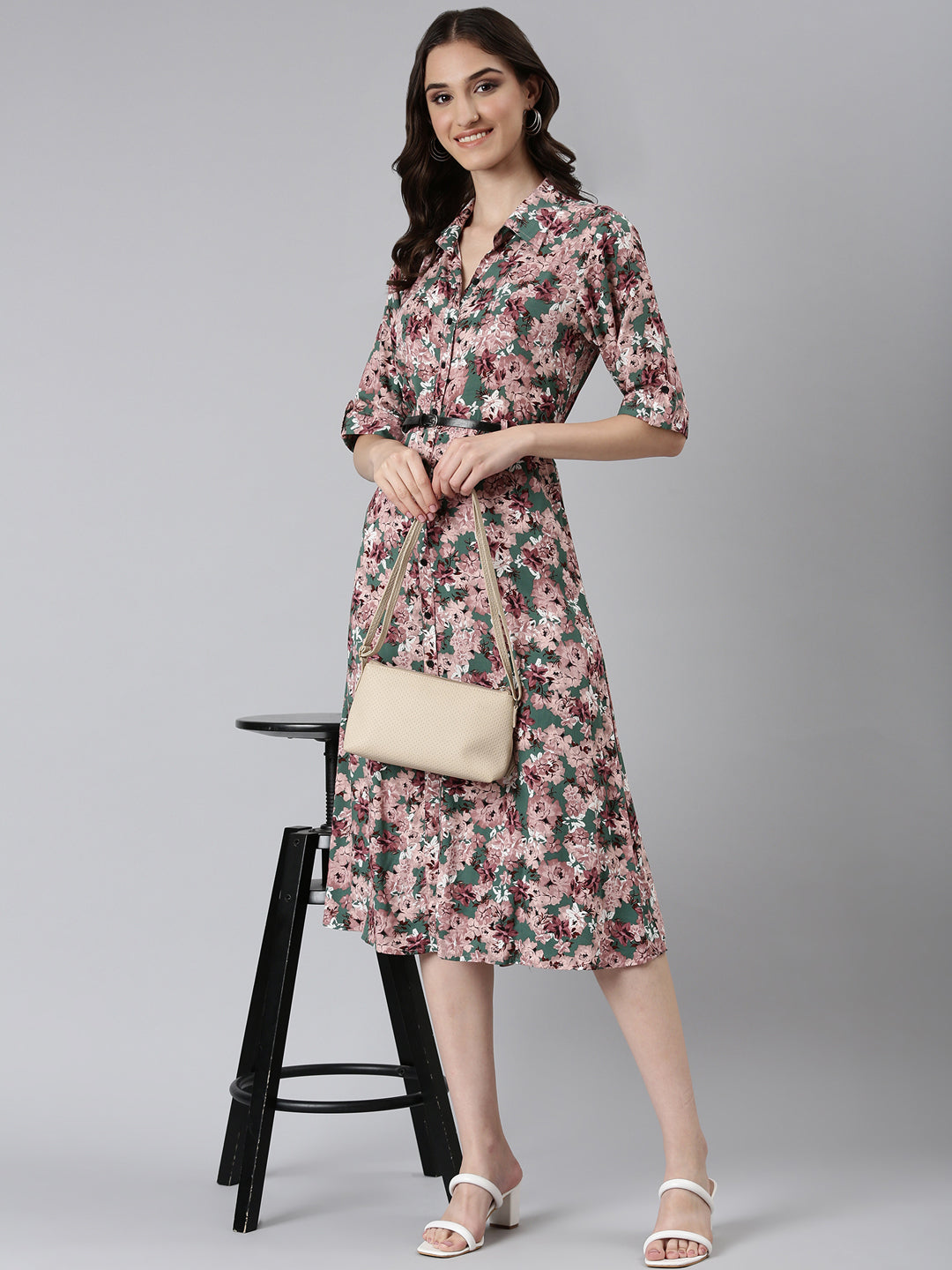 Women Green Floral Shirt Dress