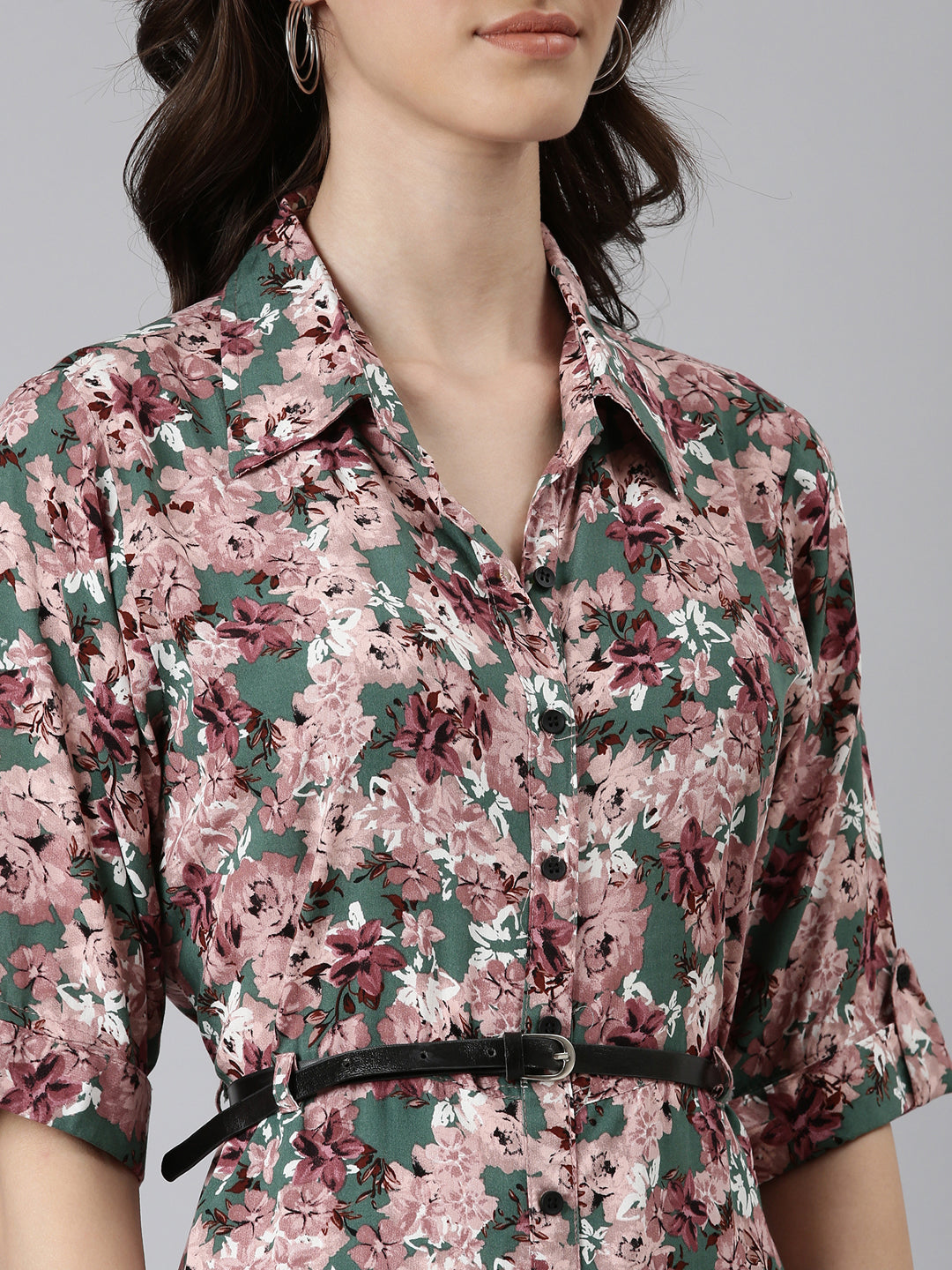 Women Green Floral Shirt Dress